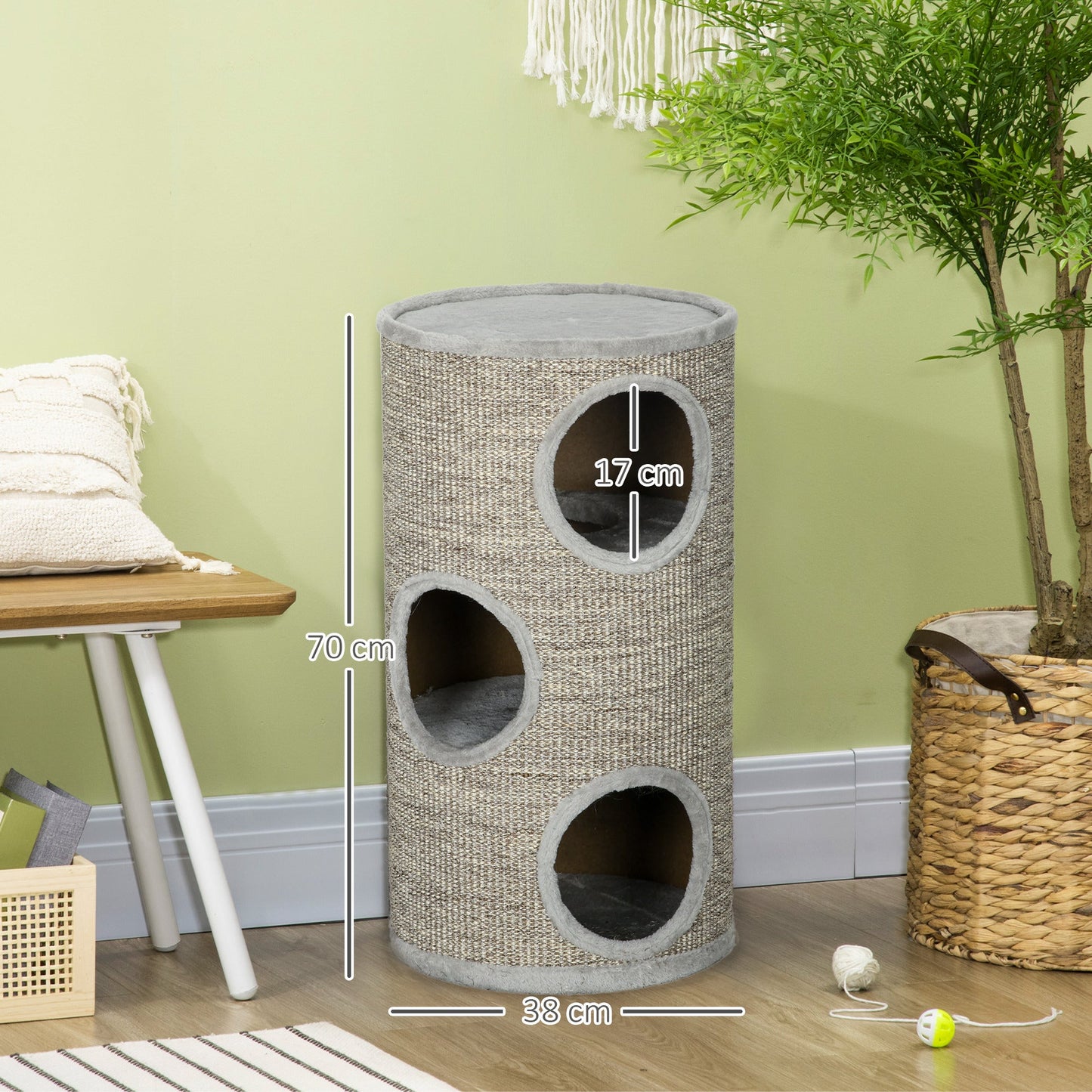 Cat Barrel Kitten Tree Tower for Indoor Cats, Cat Climbing Frame, Covered in Sisal, Cosy Platform - Light Grey