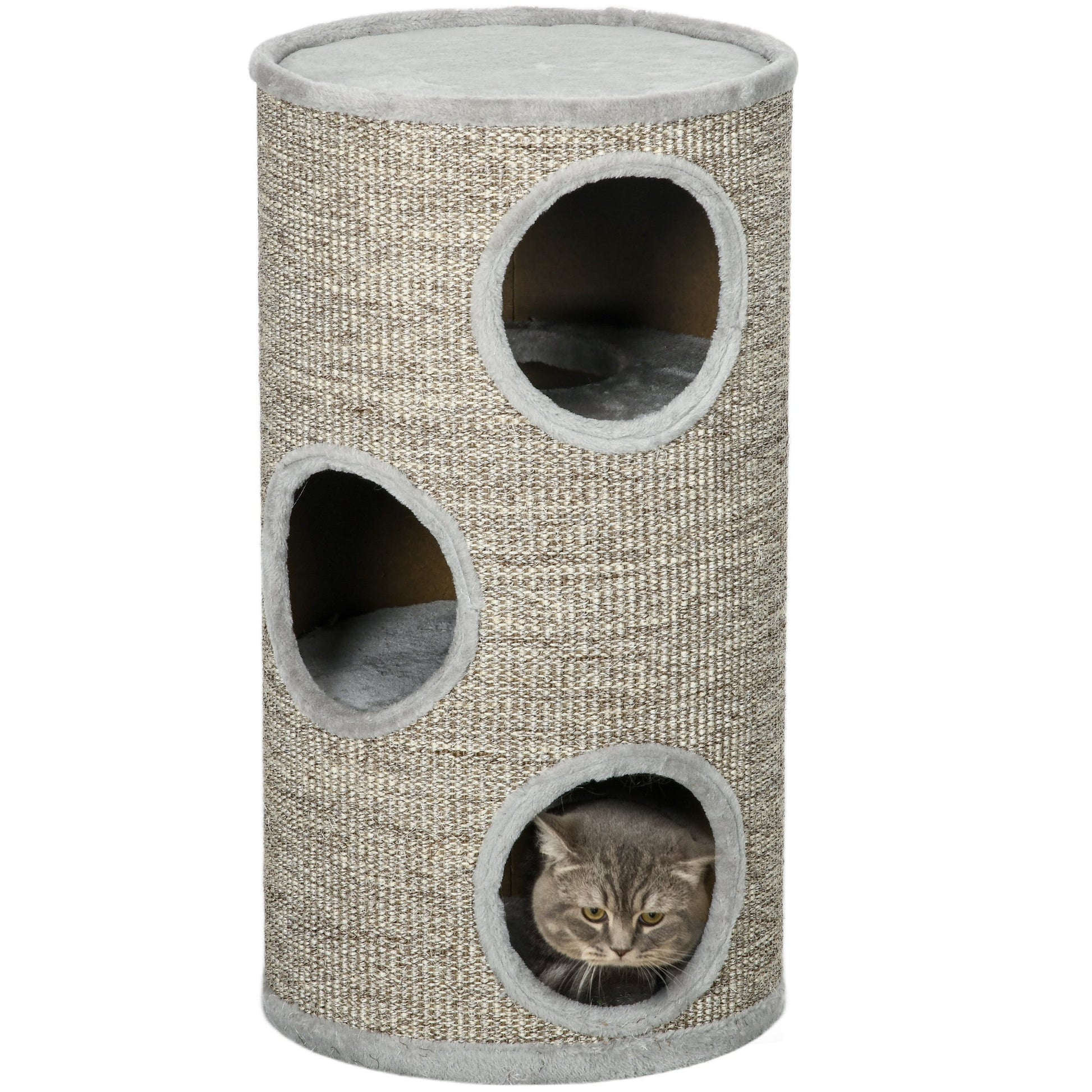 Cat Barrel Kitten Tree Tower for Indoor Cats, Cat Climbing Frame, Covered in Sisal, Cosy Platform - Light Grey