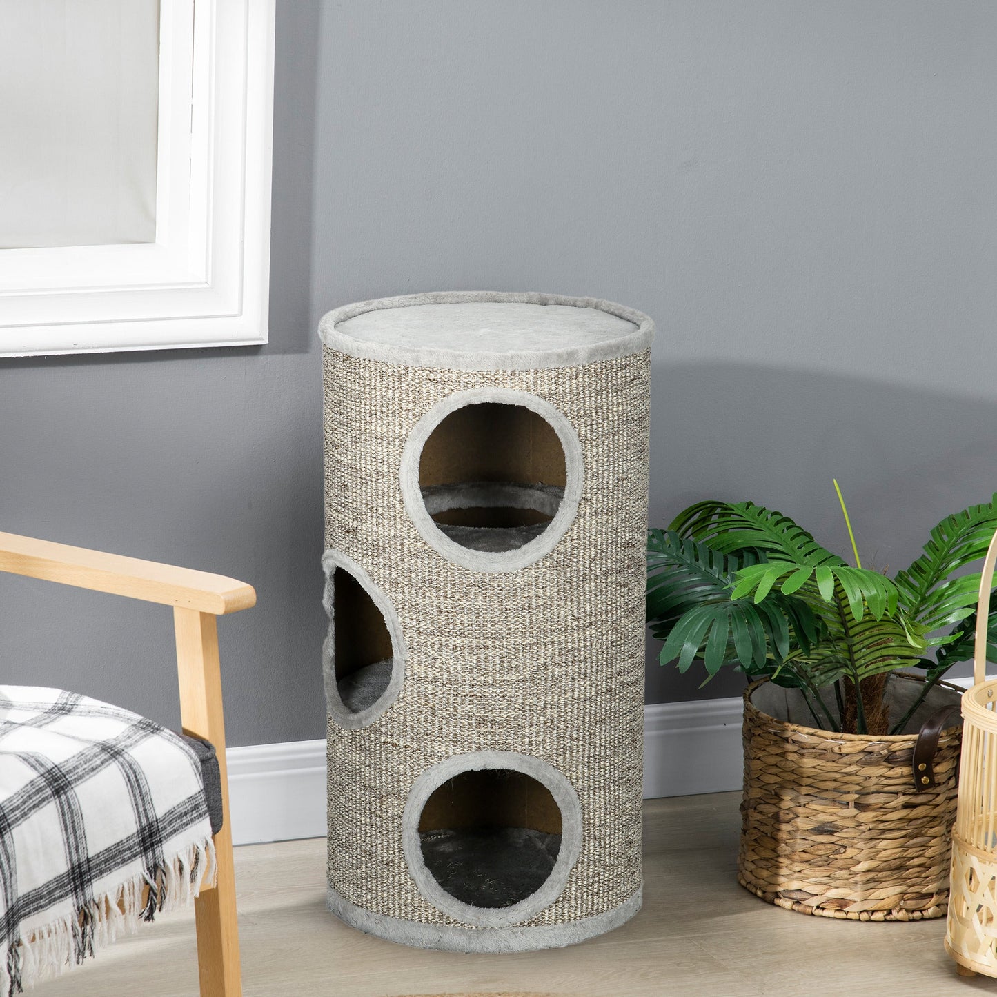 Cat Barrel Kitten Tree Tower for Indoor Cats, Cat Climbing Frame, Covered in Sisal, Cosy Platform - Light Grey