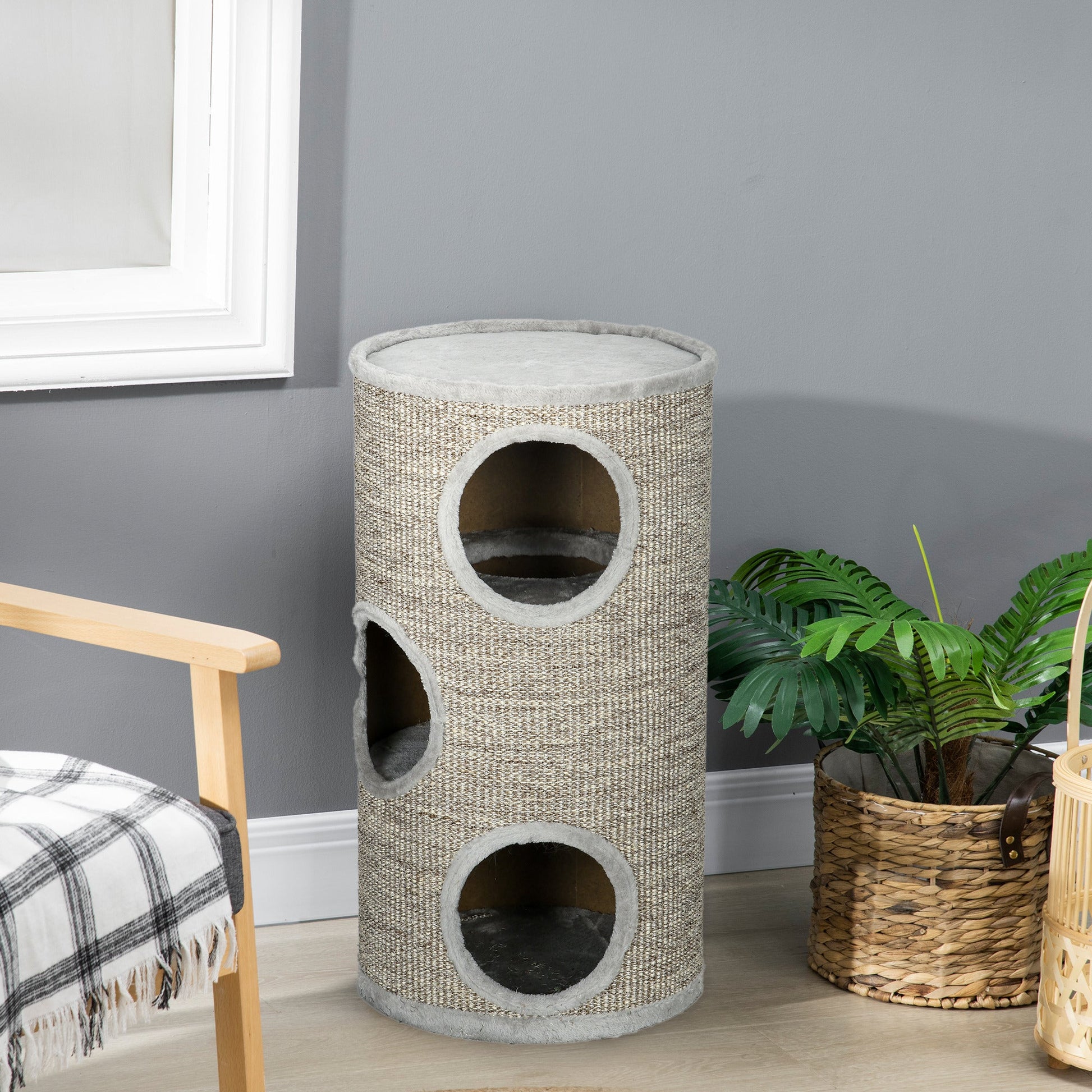Cat Barrel Kitten Tree Tower for Indoor Cats, Cat Climbing Frame, Covered in Sisal, Cosy Platform - Light Grey