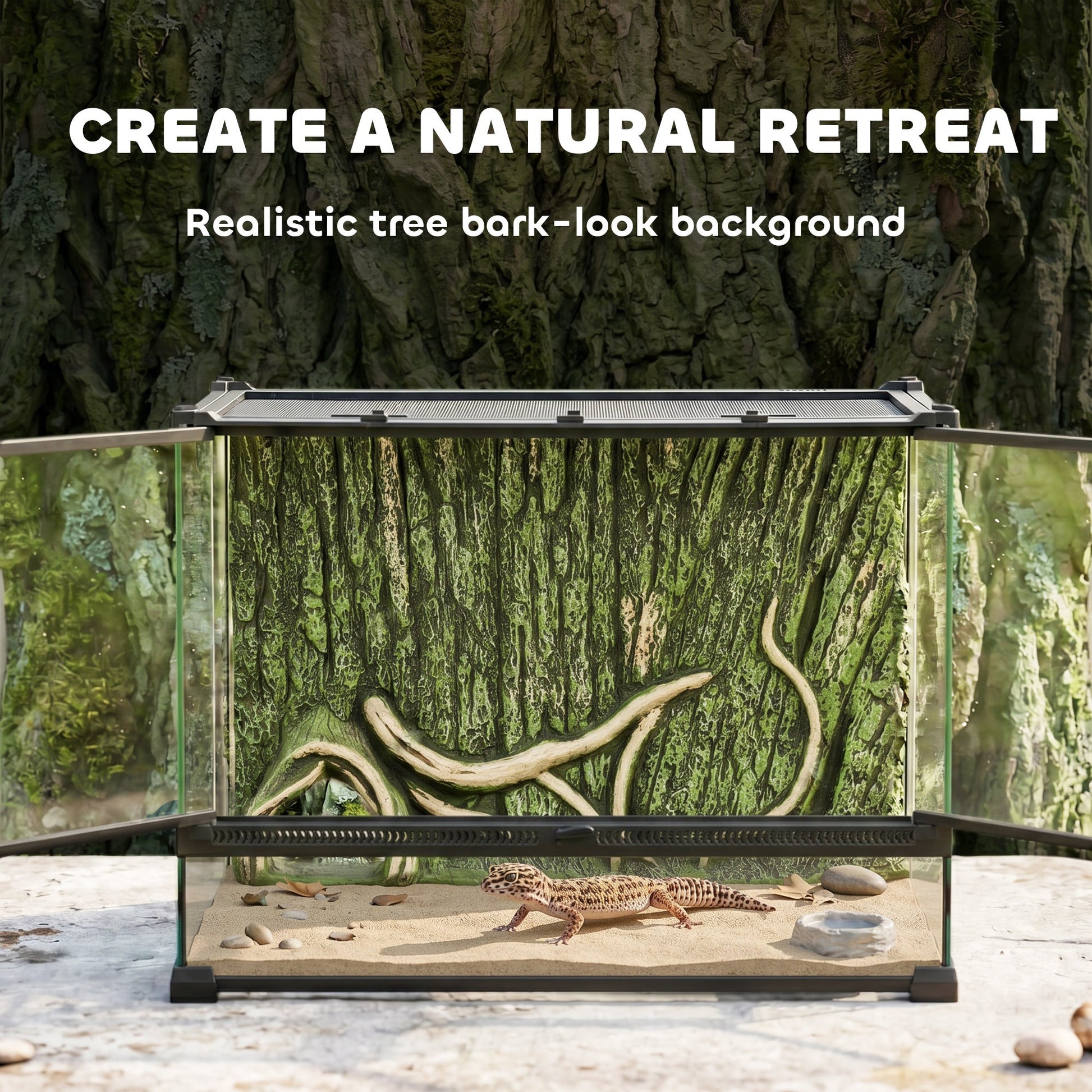 Reptile Glass Terrarium, Reptile Vivarium with Tree Bark Background, Front Ventilation, Escape-Proof Knob Lock, Glass Enclosure for Lizards, Horned Frogs, Snakes, 50 x 30 x 35 cm, Black