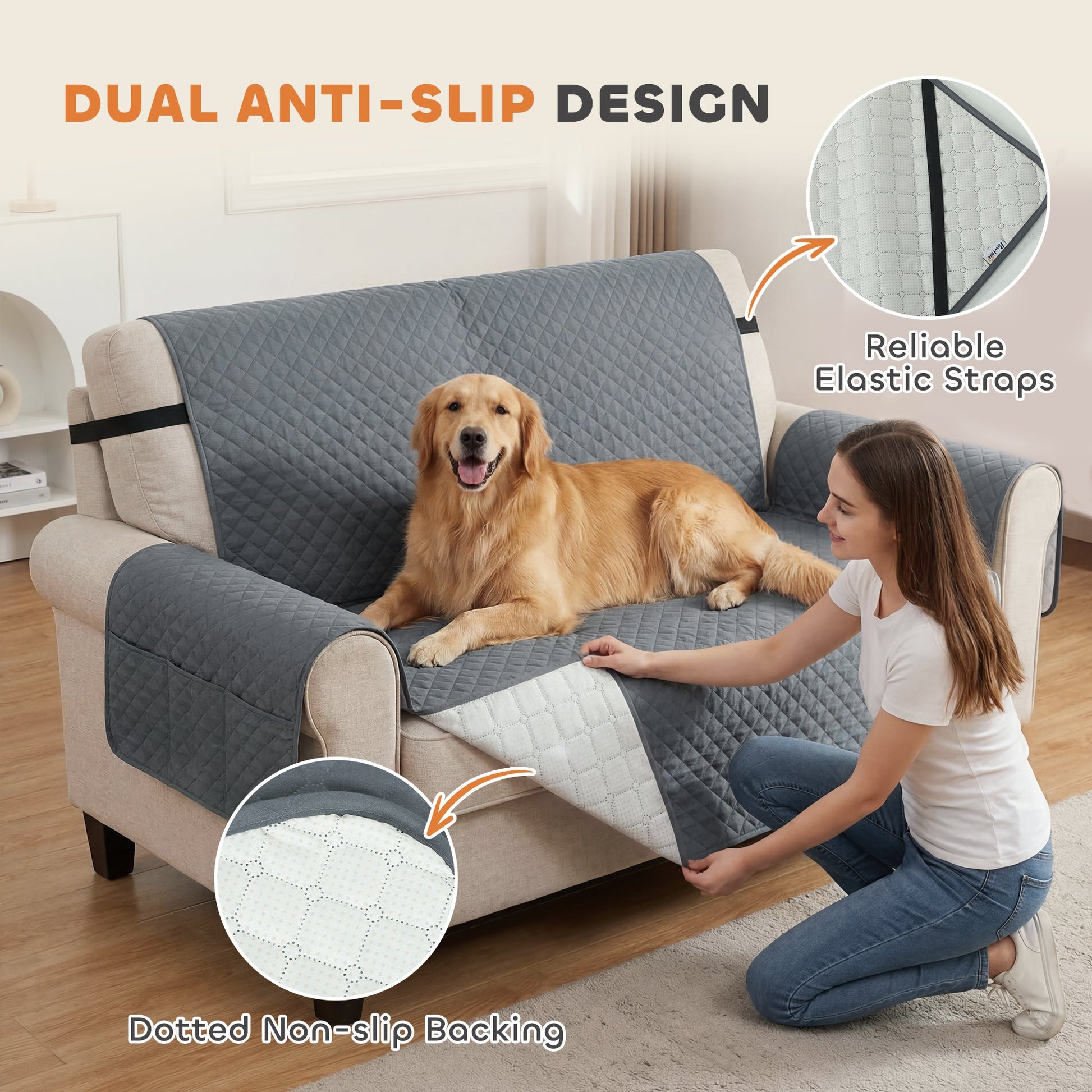 Waterproof Sofa Cover 2 Seater, Soft Couch Cover for Dogs Cats Pets, Non Slip Sofa Slipcoevr with Elastic Straps Furniture Protector for Living Room, Grey
