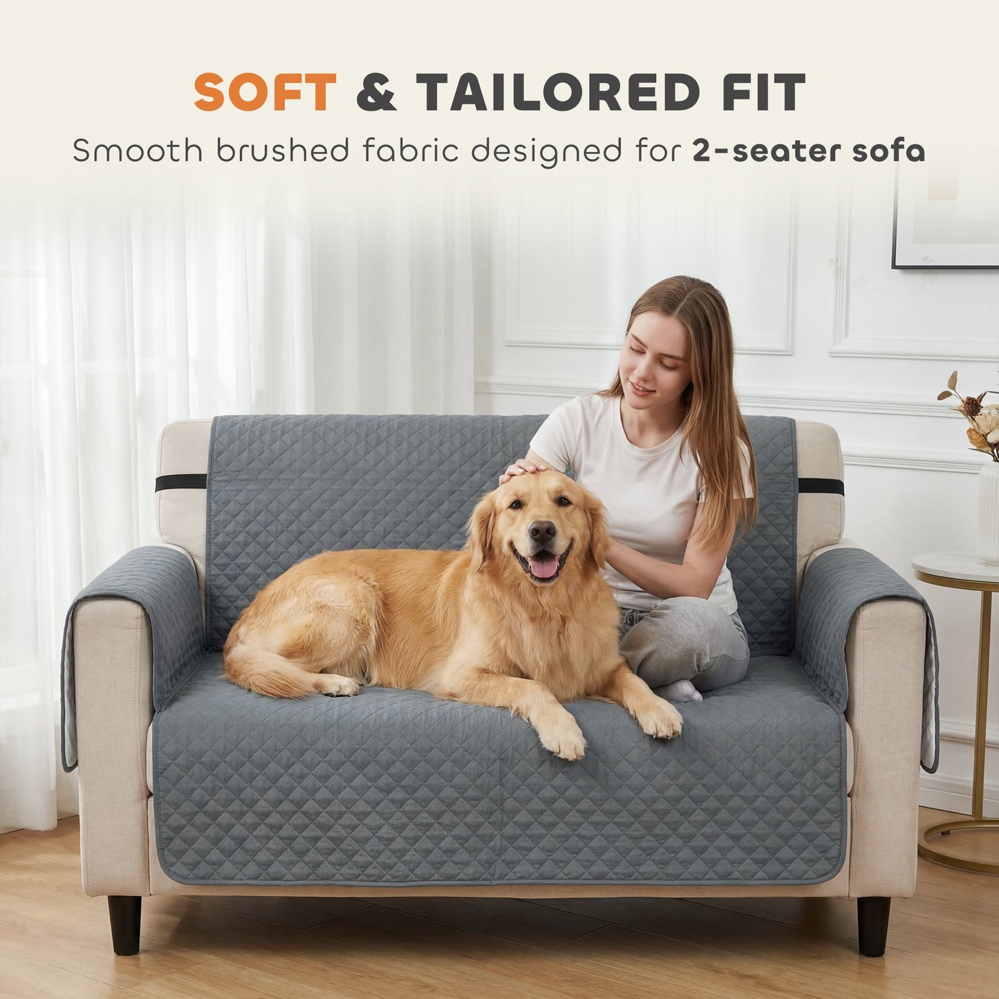 Waterproof Sofa Cover 2 Seater, Soft Couch Cover for Dogs Cats Pets, Non Slip Sofa Slipcoevr with Elastic Straps Furniture Protector for Living Room, Grey
