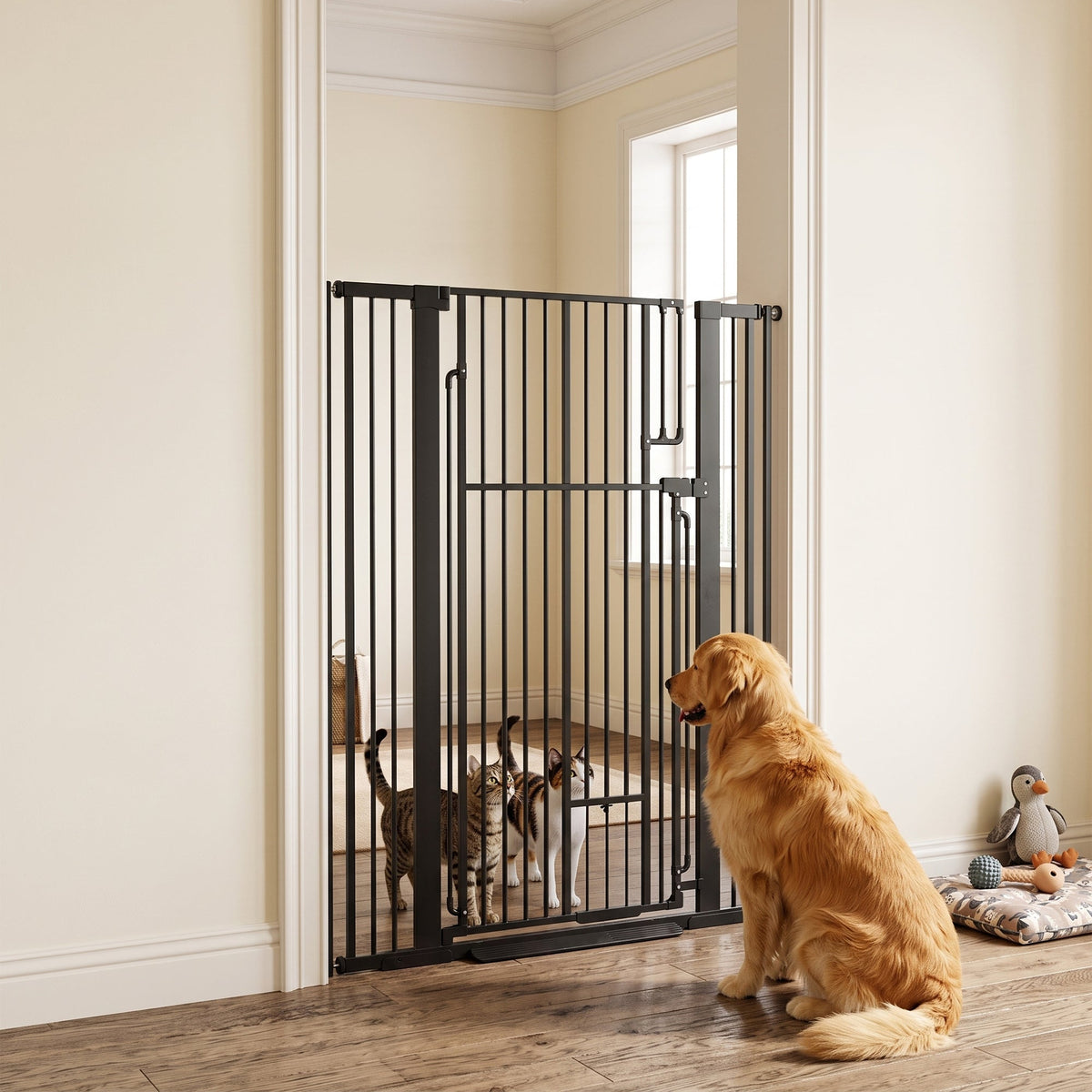 135cm Tall Pet Gate with Cat Door, 81-108 cm Wide Adjustable Pressure Mounted Dog Gate for Doorways, Hallways, Stairs, Includes 2 Extensions, No Drilling, Black