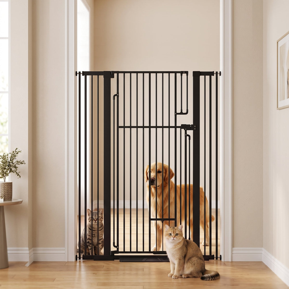 135cm Tall Pet Gate with Cat Door, 81-108 cm Wide Adjustable Pressure Mounted Dog Gate for Doorways, Hallways, Stairs, Includes 2 Extensions, No Drilling, Black