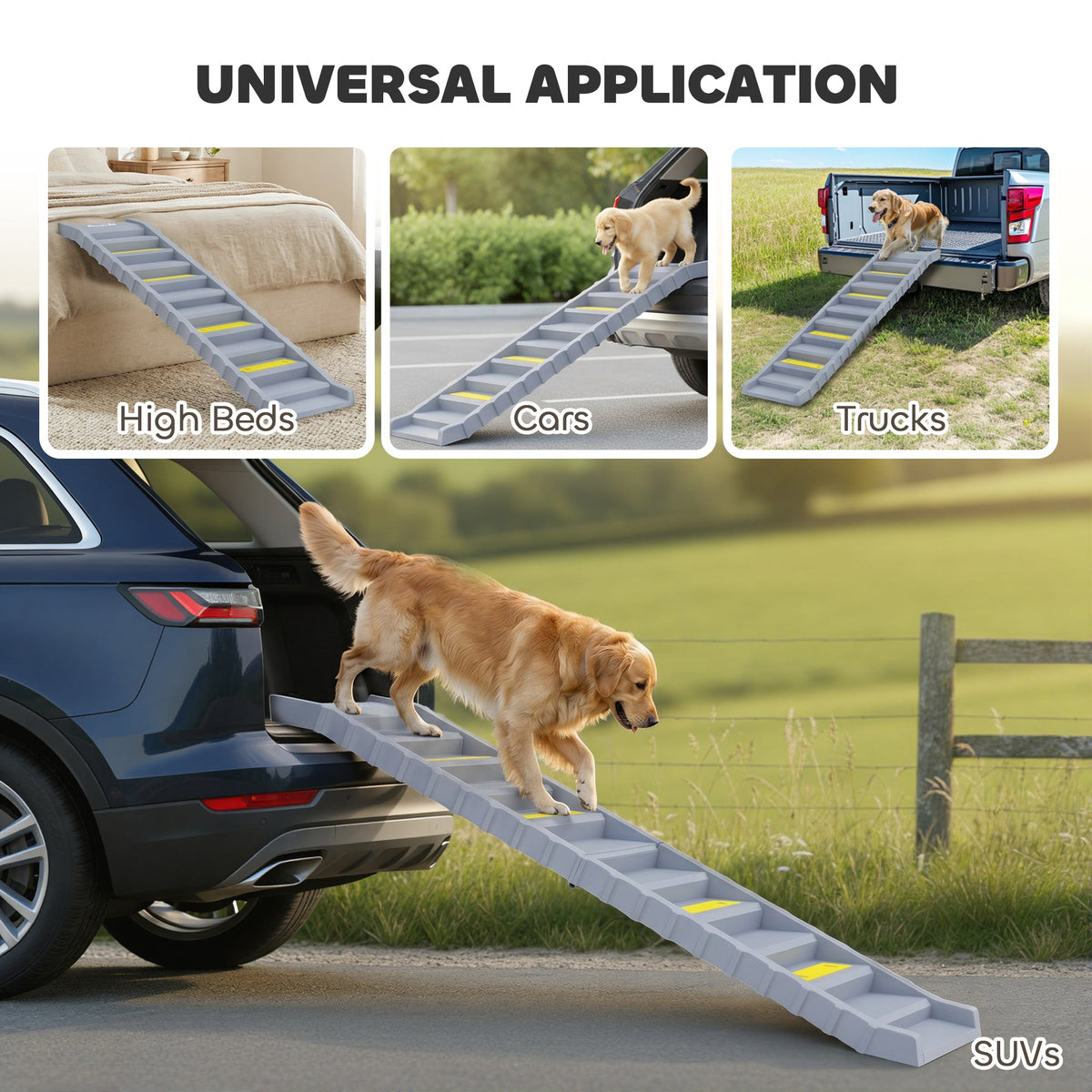 Foldable Dog Ramp for Cars High Bed, Portable 10-Step Dog Stairs with Non-Slip Strips & Pads, Lightweight Pet SUV Truck Steps, Support Up to 68 KG, Grey