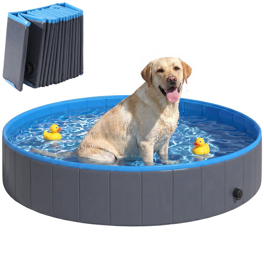 Foldable Dog Pool for Puppies and Ducks, Thickened PVC Dog Paddling Pool Bath Tub Hard Board, Anti-Slip Bottom and Hose Adapter for Easy Drainage, 160 x 30cm, Blue and Dark Grey