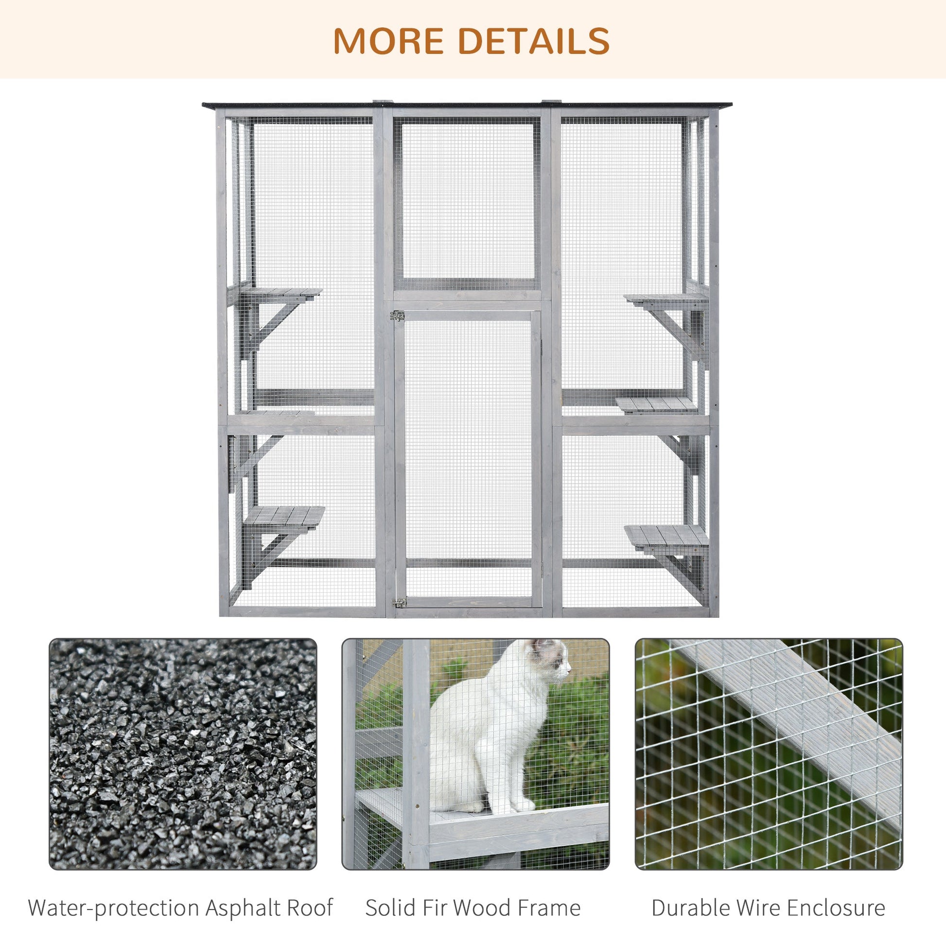 Large Outdoor Cat House, Walk-in Cat Enclosure, Wooden Catio with 6 Jumping Platforms, Waterproof Asphalt Roof