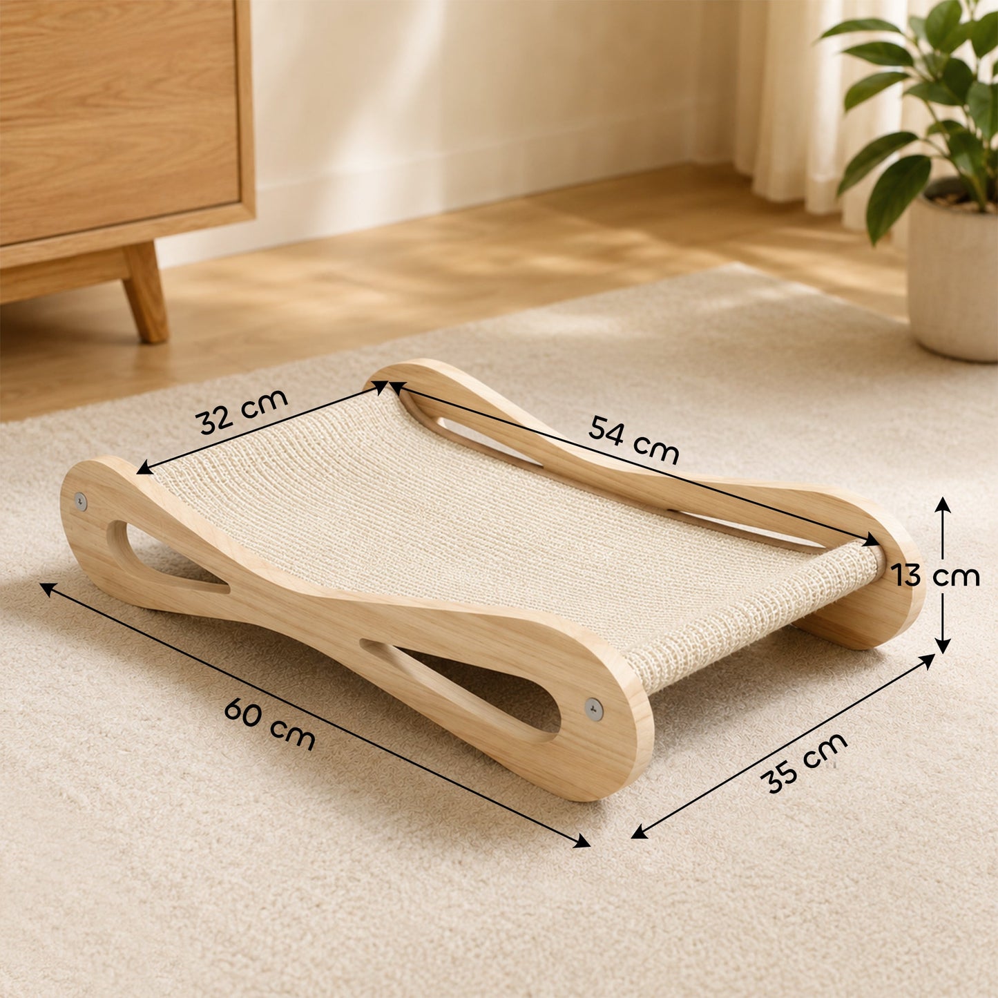 2 in 1 Sisal Cat Scratcher Bed, Pine Wood Cat Scratching Board and Lounger for Indoor Pets, Anti-Slip Pet Furniture, 60 x 35 x 13 cm, Cream White