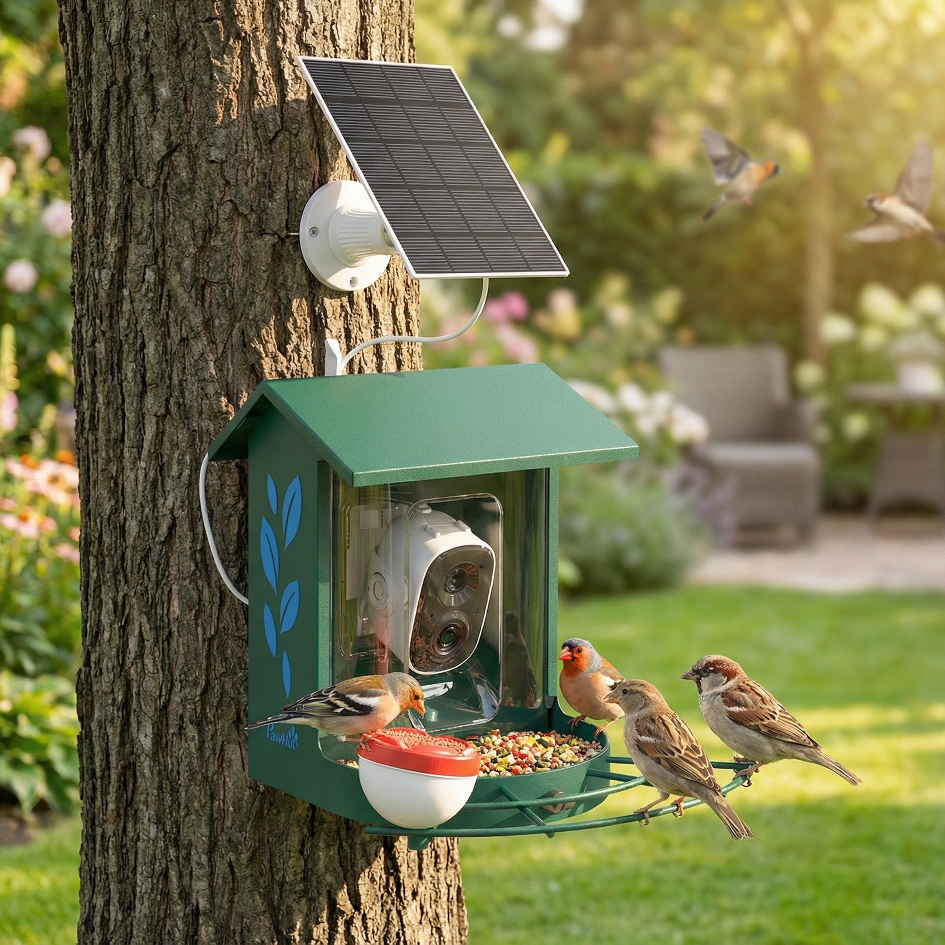 Bird Feeder with Camera, Smart Bird Feeder Camera AI Identifies 16,000+ Species, 2K HD Auto Capture Video, APP Instant Notifications, Hummingbird Feeding Add-ons, 3W Solar Panel, 32GB Card