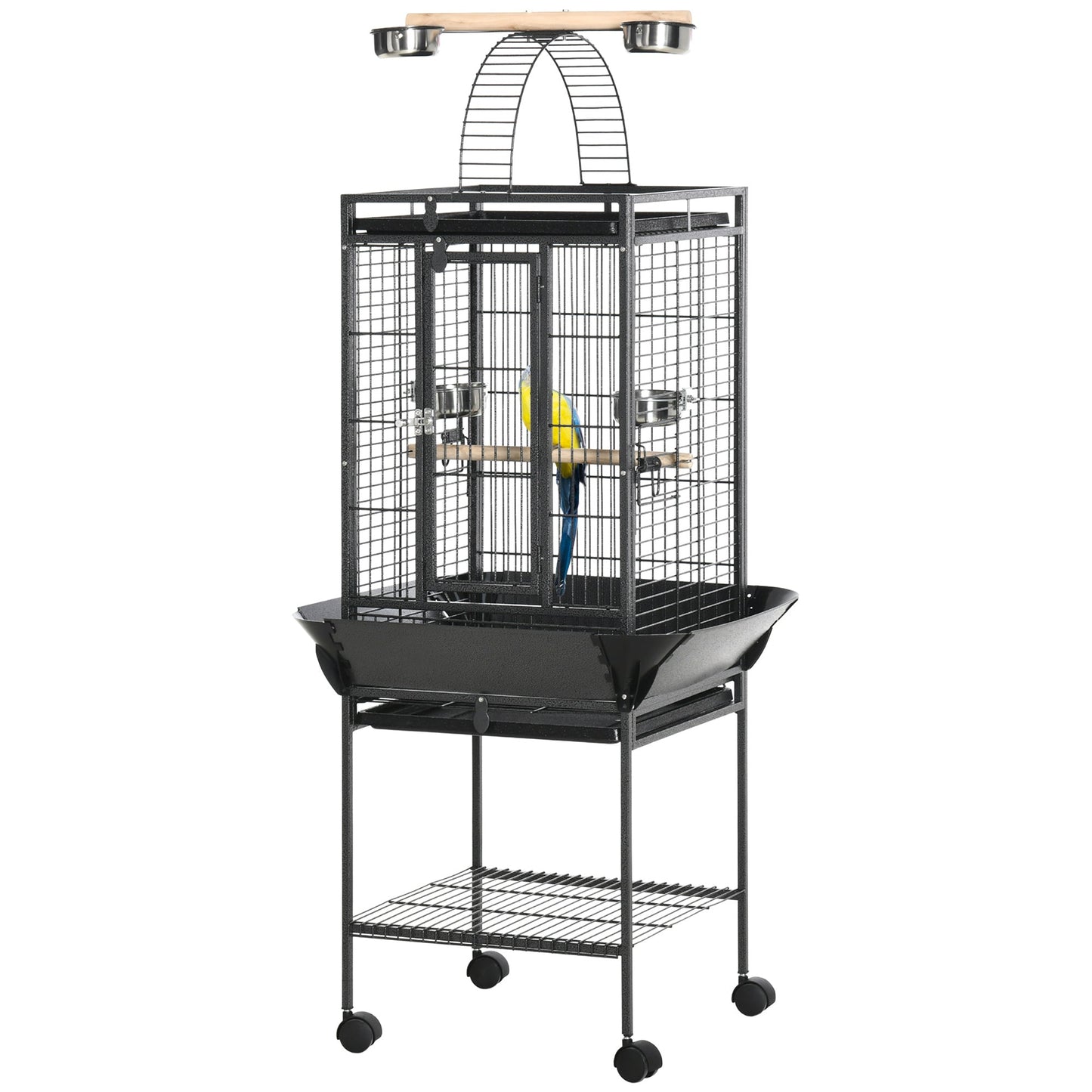 156cm Bird Cage,Large Parrot Cage with Open Play Top, Perch, Seed Guard, Wheels, Storage Shelf for Budgie, Cockatiel, Conure, Lovebird, Dark Grey