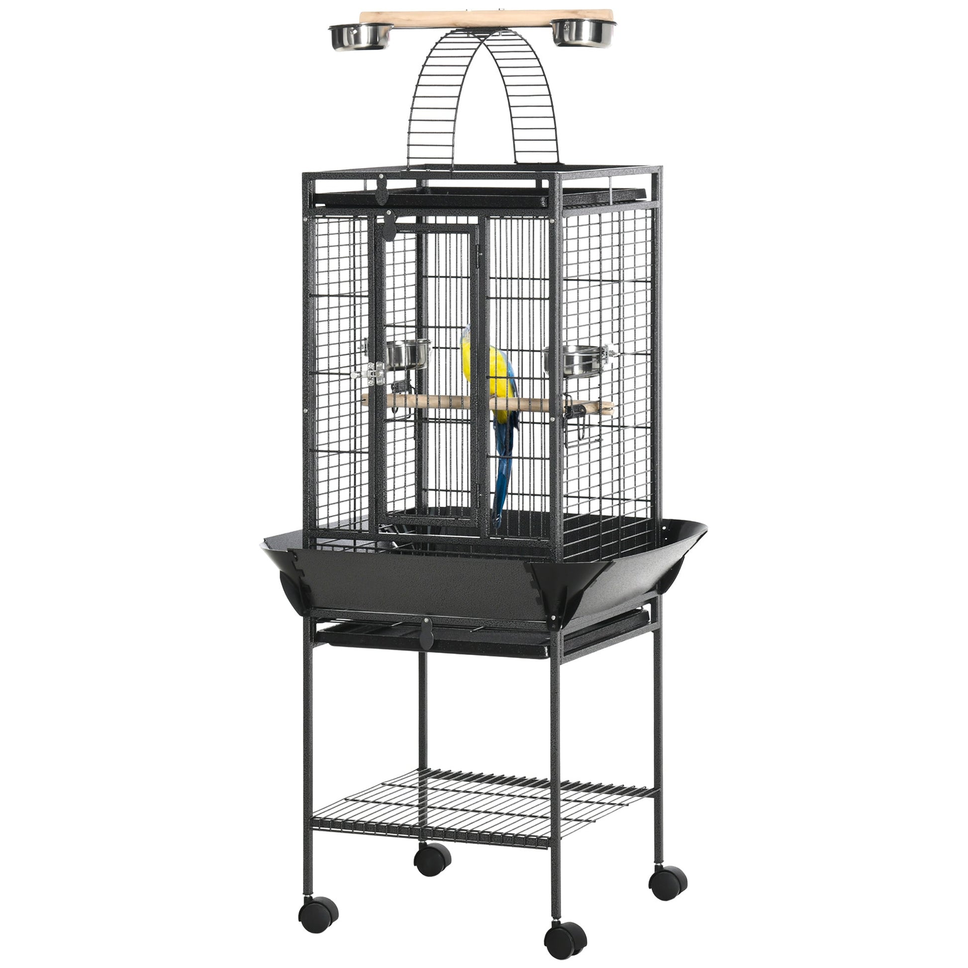 156cm Bird Cage,Large Parrot Cage with Open Play Top, Perch, Seed Guard, Wheels, Storage Shelf for Budgie, Cockatiel, Conure, Lovebird, Dark Grey