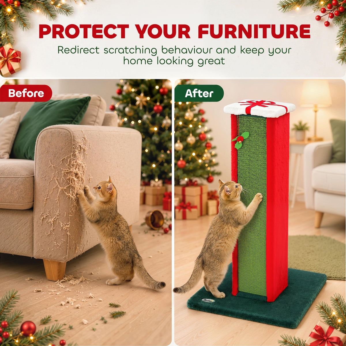Cat Scratching Post for Indoor Cats, 81cm Tall Cat Scratcher with Sisal Rope, Hanging Bell Toy and Stable Base, Green and Red