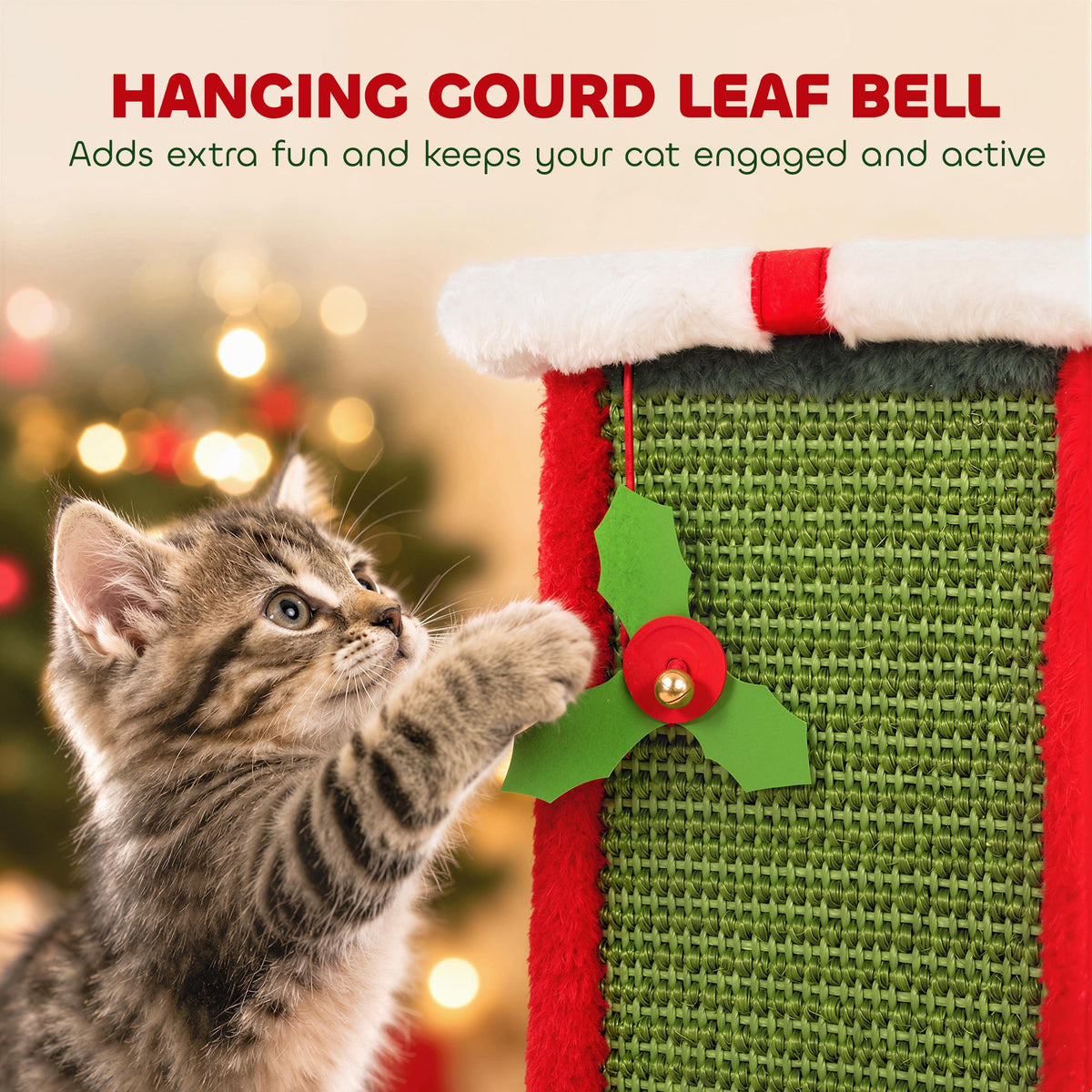 Cat Scratching Post for Indoor Cats, 81cm Tall Cat Scratcher with Sisal Rope, Hanging Bell Toy and Stable Base, Green and Red