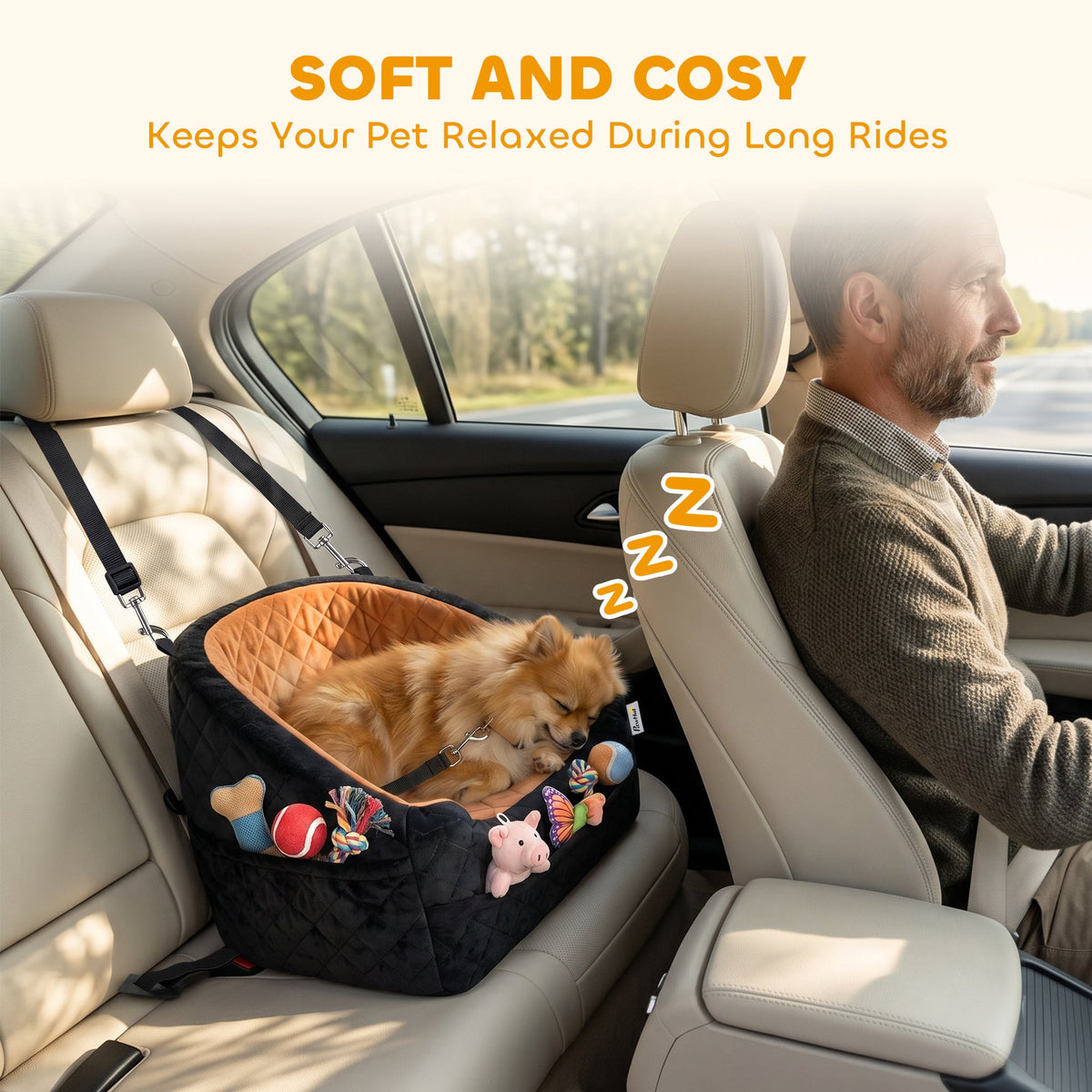 Dog Car Seat for Small Breeds Under 10kg, Dog Booster Seat Detachable Washable with Seat Belt, Thick Cushion, Portable Pet Travel Bed with Storage Pockets, Brown