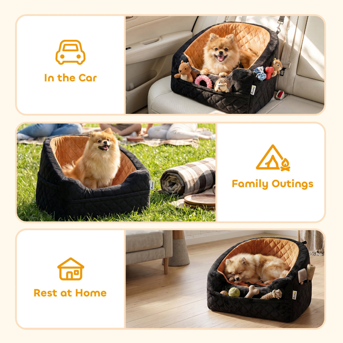Dog Car Seat for Small Breeds Under 10kg, Dog Booster Seat Detachable Washable with Seat Belt, Thick Cushion, Portable Pet Travel Bed with Storage Pockets, Brown