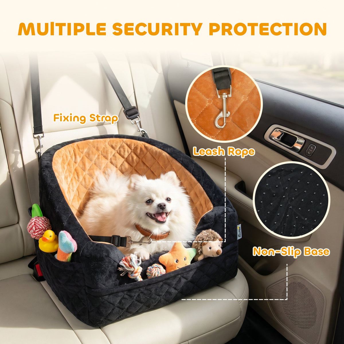 Dog Car Seat for Small Breeds Under 10kg, Dog Booster Seat Detachable Washable with Seat Belt, Thick Cushion, Portable Pet Travel Bed with Storage Pockets, Brown
