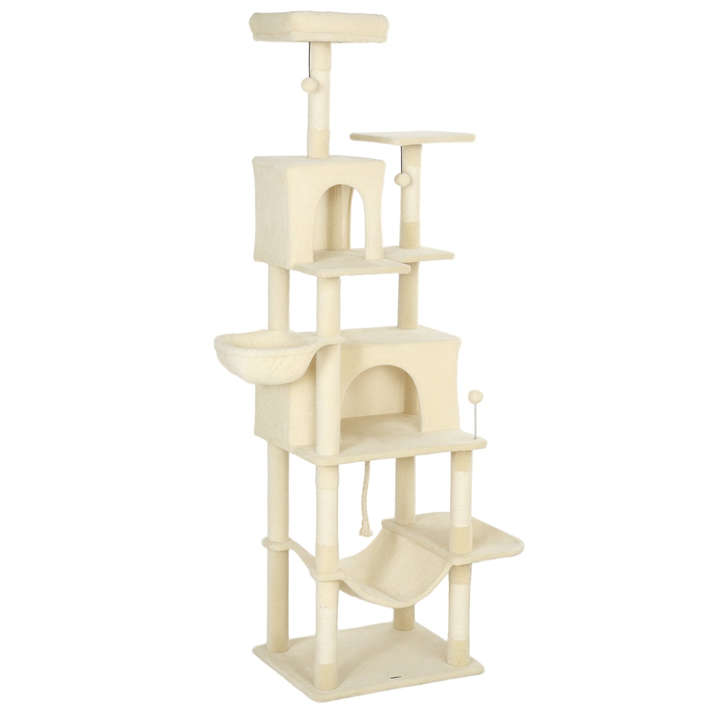 Cat Tree, 202cm Large Cat Tower for Indoor Kittens with 6 Scratching Posts, 2 Condos, 2 Perches, 2 Hammocks, Pompoms, Multi-Level Plush Kitty Activity Centre for Rest and Play, Beige