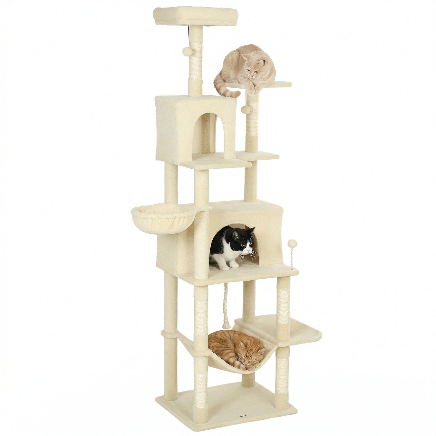 Cat Tree, 202cm Large Cat Tower for Indoor Kittens with 6 Scratching Posts, 2 Condos, 2 Perches, 2 Hammocks, Pompoms, Multi-Level Plush Kitty Activity Centre for Rest and Play, Beige