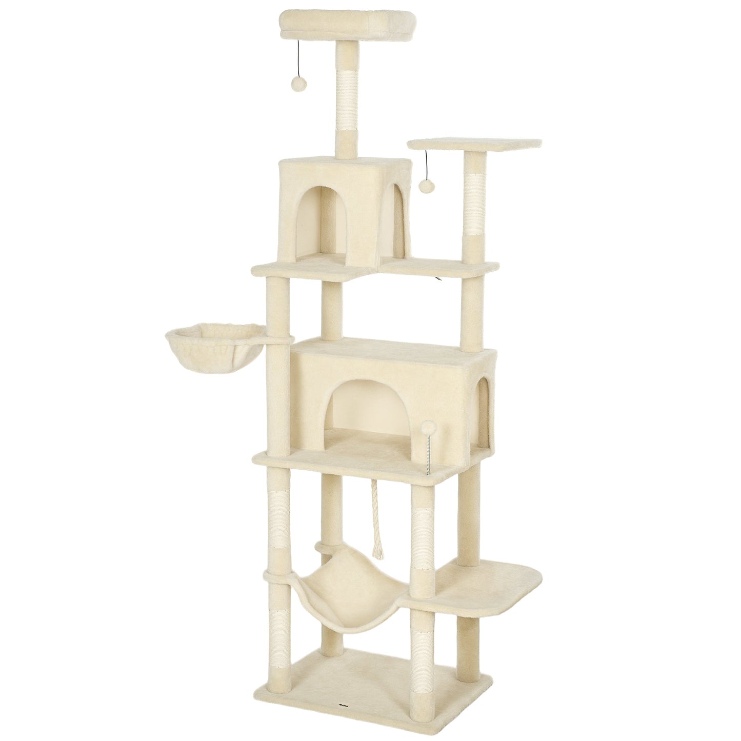 Cat Tree, 202cm Large Cat Tower for Indoor Kittens with 6 Scratching Posts, 2 Condos, 2 Perches, 2 Hammocks, Pompoms, Multi-Level Plush Kitty Activity Centre for Rest and Play, Beige
