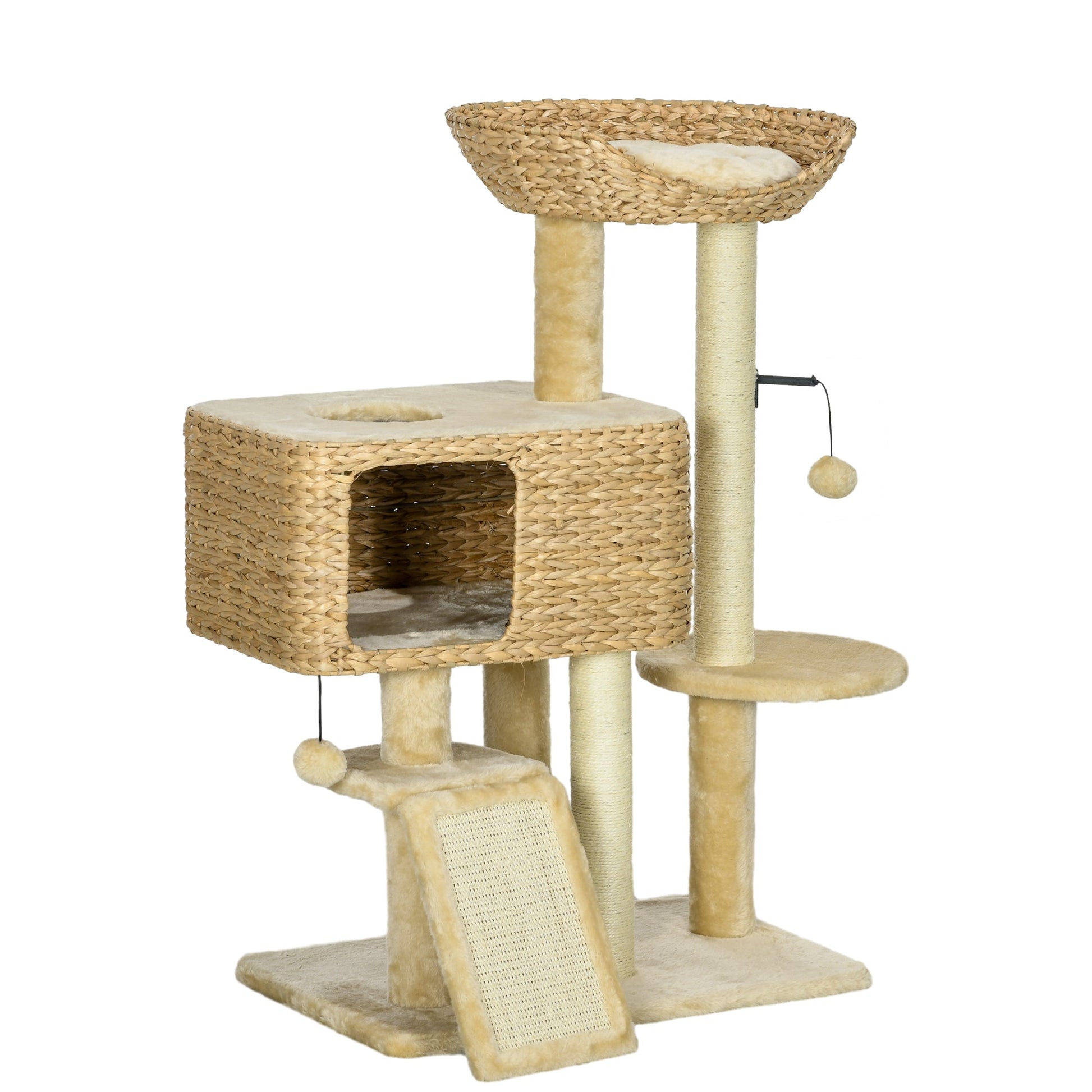 95cm Cat Tree for Indoor Cats, Cat Tower with Scratching Posts, Ramp, Condo, Toy Balls, Platform, Bed, Ramp - Beige