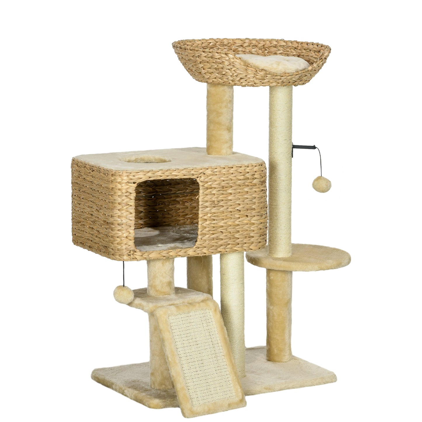 95cm Cat Tree for Indoor Cats, Cat Tower with Scratching Posts, Ramp, Condo, Toy Balls, Platform, Bed, Ramp - Beige