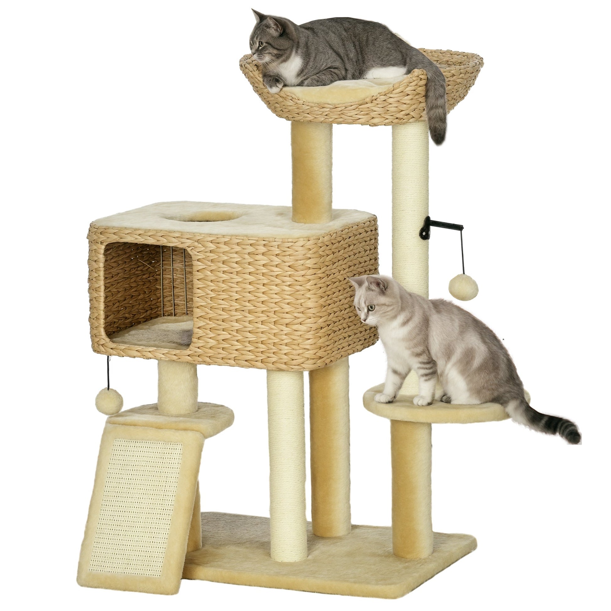 95cm Cat Tree for Indoor Cats, Cat Tower with Scratching Posts, Ramp, Condo, Toy Balls, Platform, Bed, Ramp - Beige