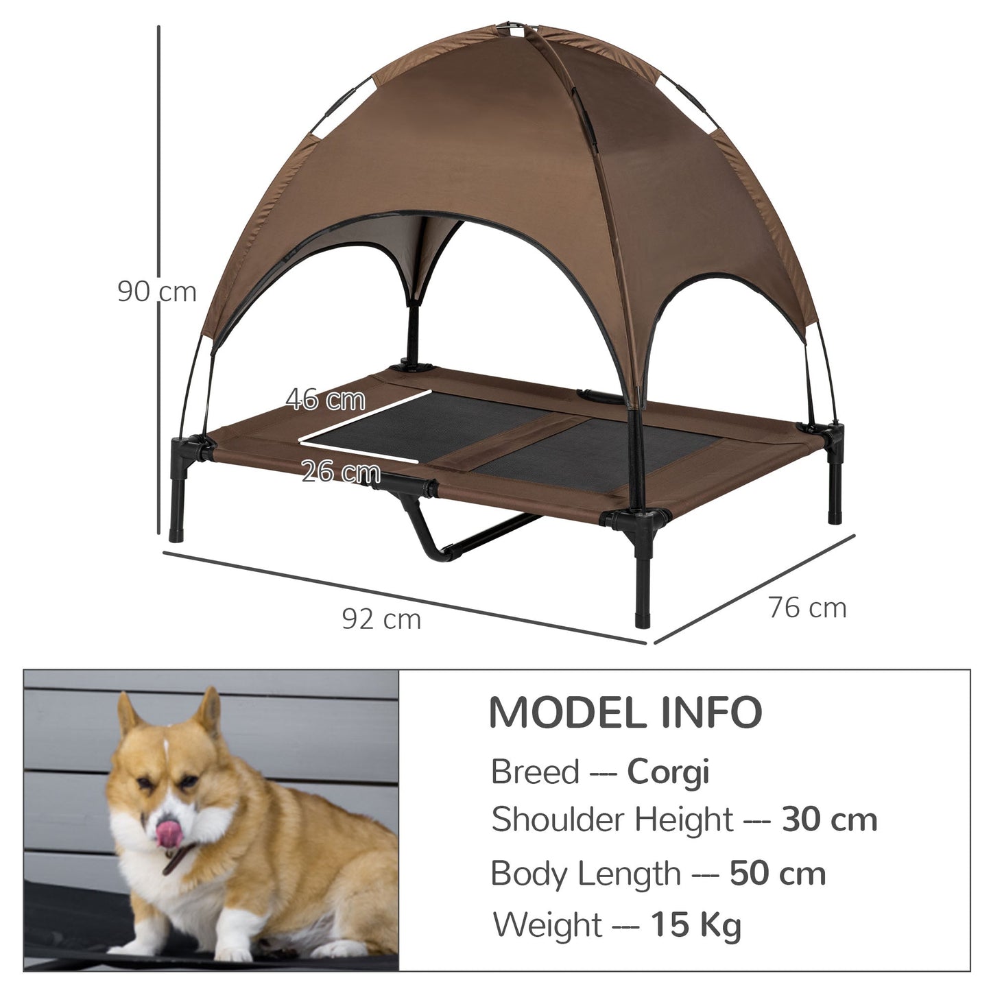 Raised Dog Bed Waterproof Elevated Pet Cot with Breathable Mesh UV Protection Canopy Brown, for Large Dogs, 92 x 76 x 90cm