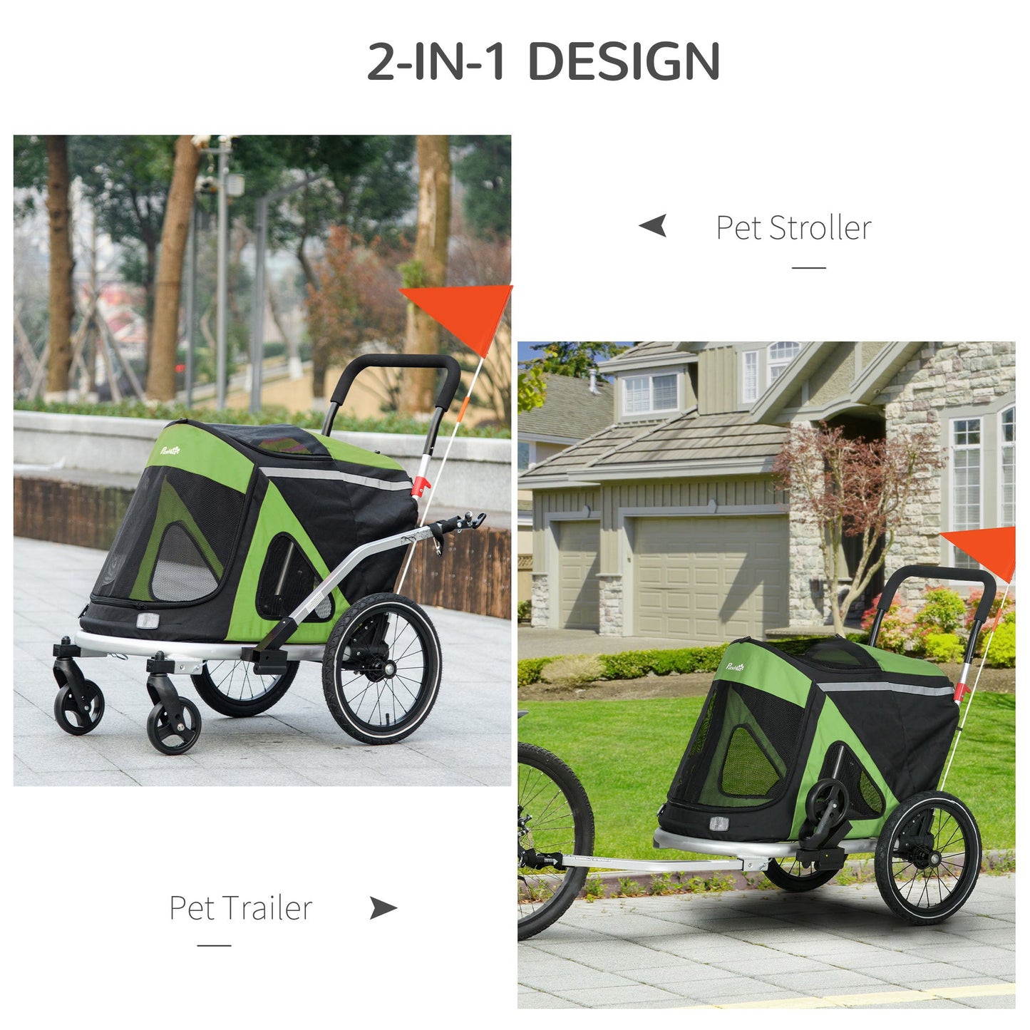 Dog Bike Trailer Dog Stroller 2 in 1 Foldable with Aluminium Frame, Quick-Release Wheels, Safety Leash, Anti-Slip Mat, Hitch Coupler, Reflectors, Flag, for Medium Dogs - Green