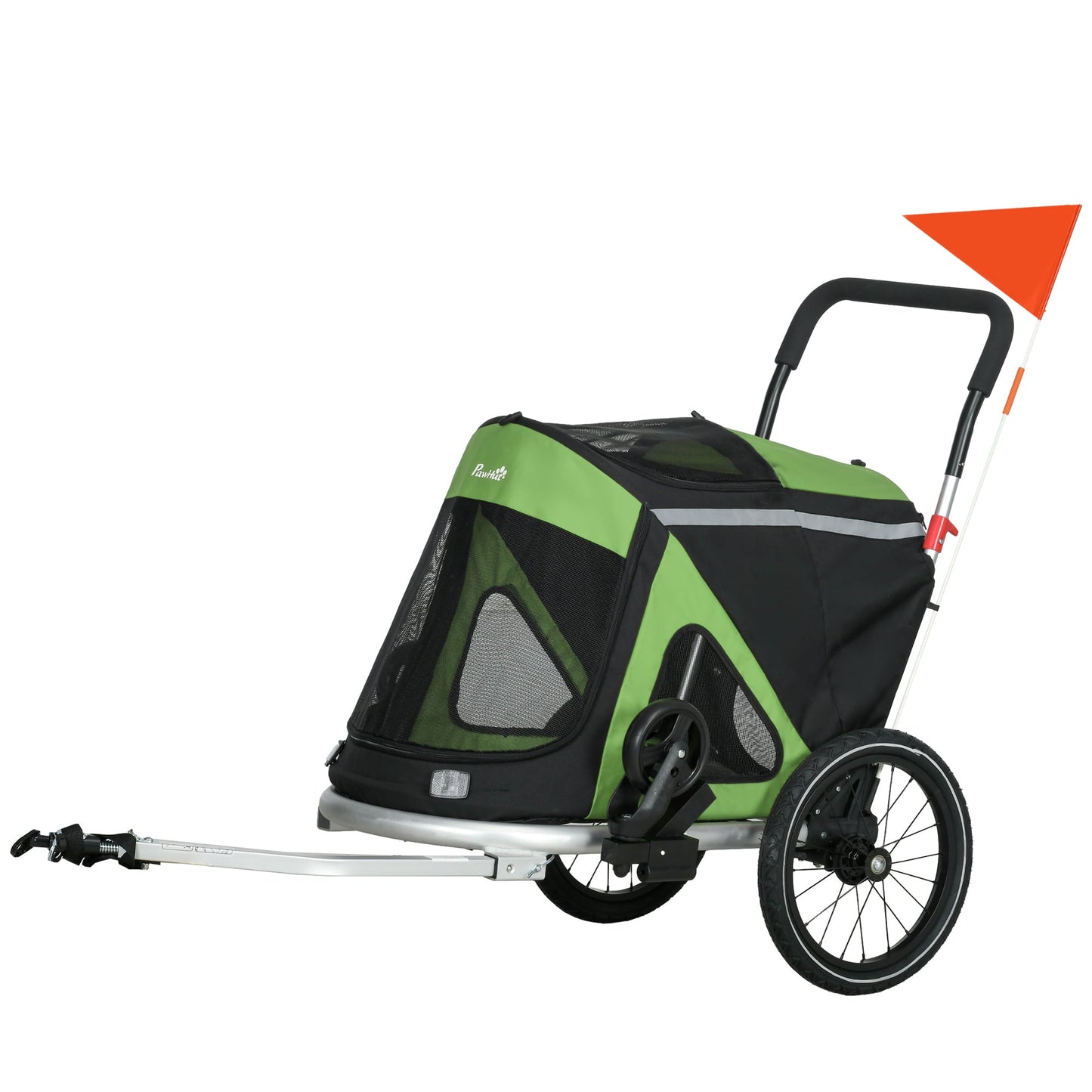 Dog Bike Trailer Dog Stroller 2 in 1 Foldable with Aluminium Frame, Quick-Release Wheels, Safety Leash, Anti-Slip Mat, Hitch Coupler, Reflectors, Flag, for Medium Dogs - Green