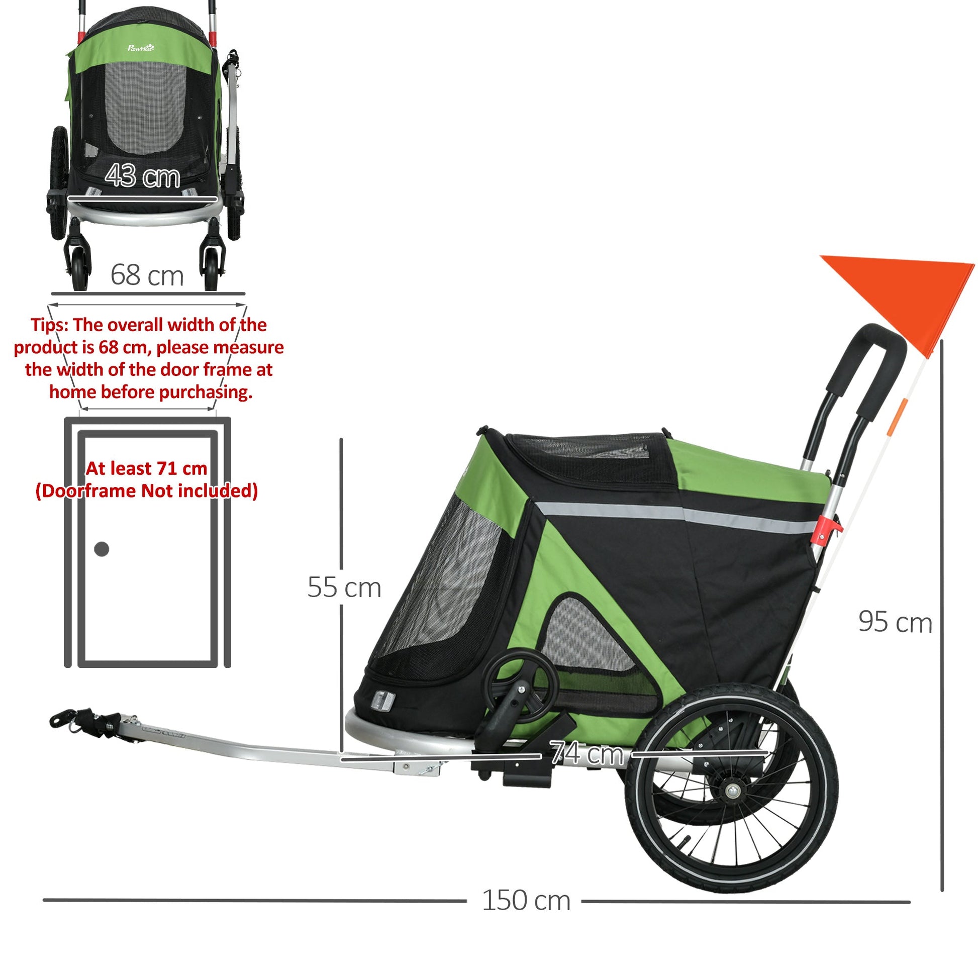 Dog Bike Trailer Dog Stroller 2 in 1 Foldable with Aluminium Frame, Quick-Release Wheels, Safety Leash, Anti-Slip Mat, Hitch Coupler, Reflectors, Flag, for Medium Dogs - Green