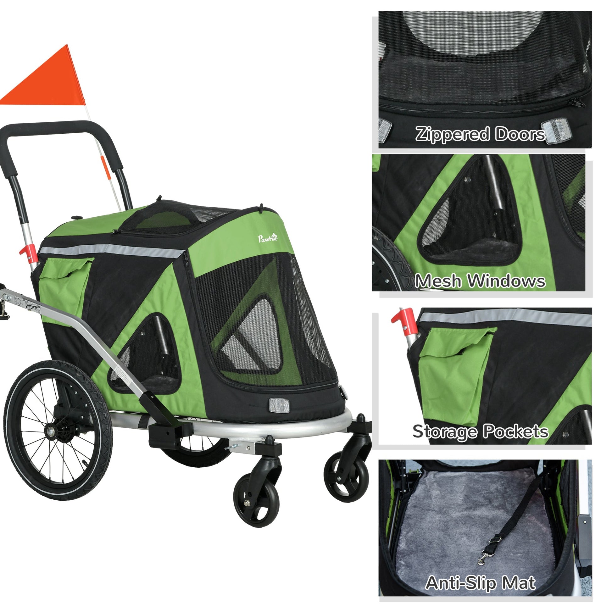Dog Bike Trailer Dog Stroller 2 in 1 Foldable with Aluminium Frame, Quick-Release Wheels, Safety Leash, Anti-Slip Mat, Hitch Coupler, Reflectors, Flag, for Medium Dogs - Green