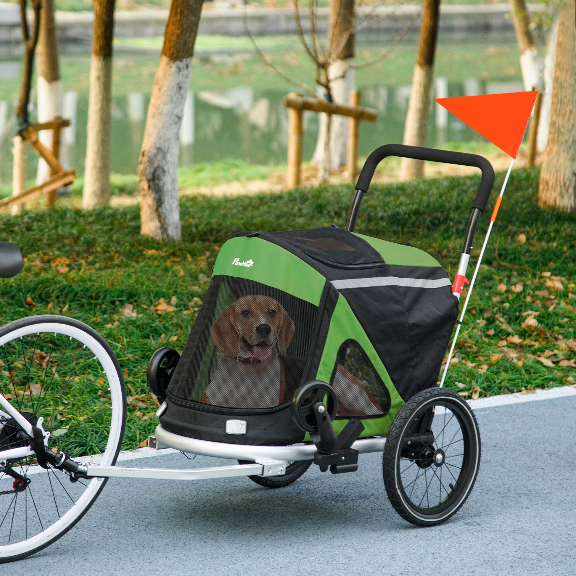 Dog Bike Trailer Dog Stroller 2 in 1 Foldable with Aluminium Frame, Quick-Release Wheels, Safety Leash, Anti-Slip Mat, Hitch Coupler, Reflectors, Flag, for Medium Dogs - Green