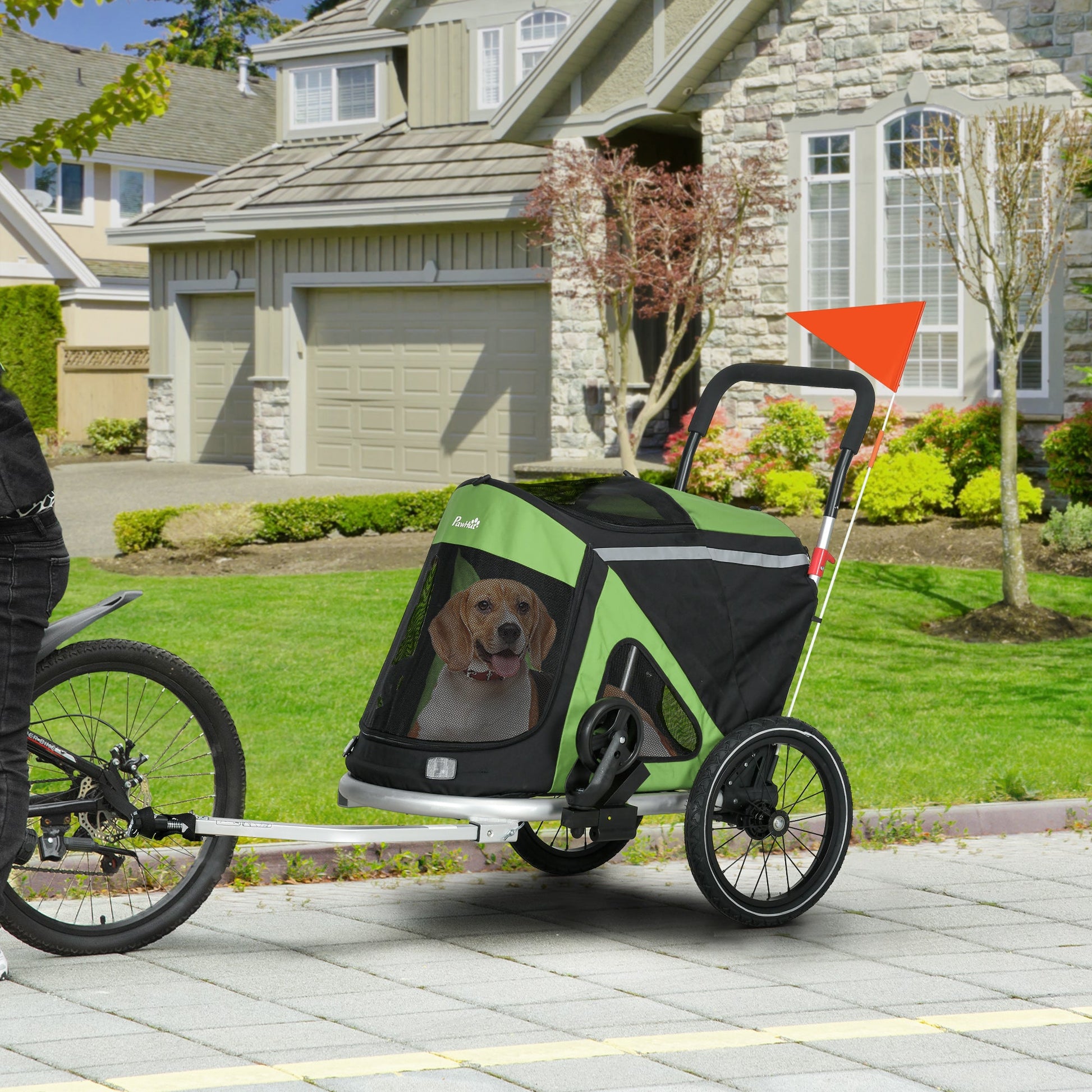 Dog Bike Trailer Dog Stroller 2 in 1 Foldable with Aluminium Frame, Quick-Release Wheels, Safety Leash, Anti-Slip Mat, Hitch Coupler, Reflectors, Flag, for Medium Dogs - Green