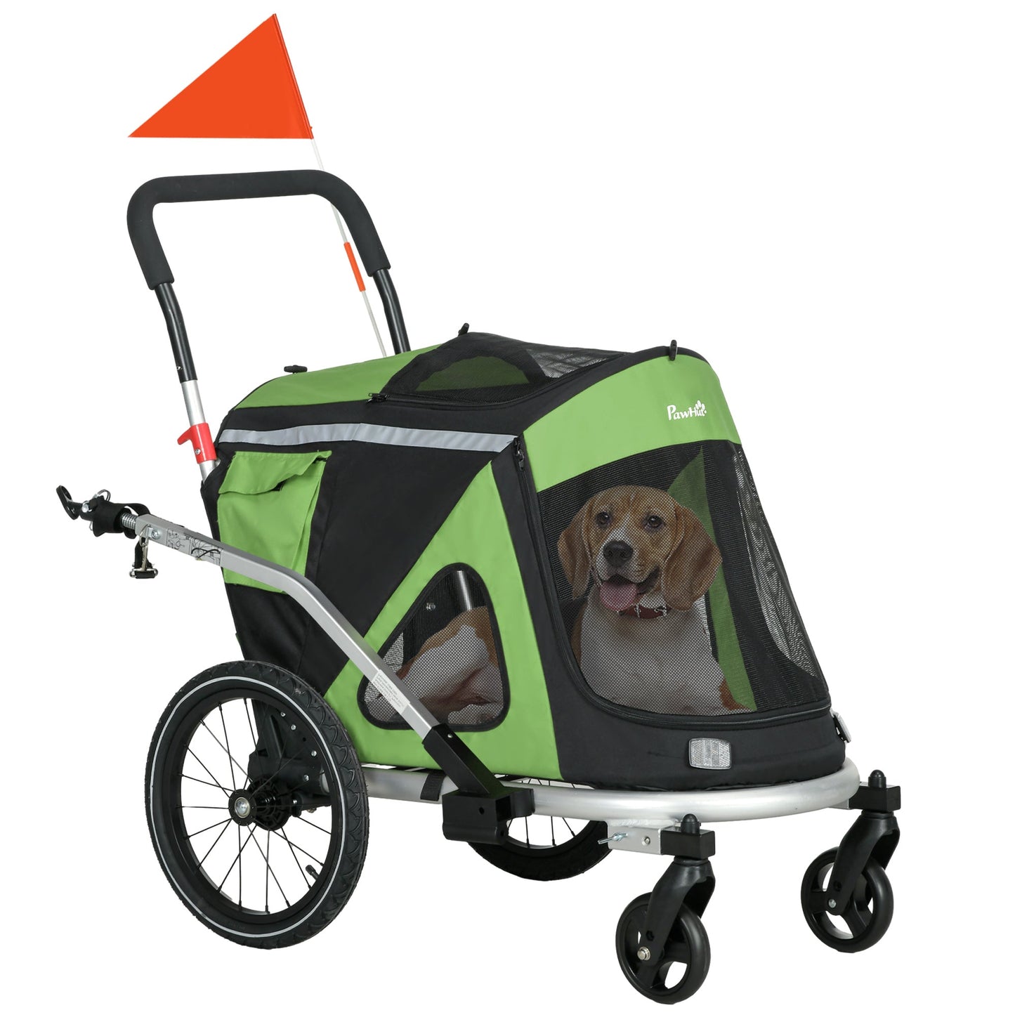 Dog Bike Trailer Dog Stroller 2 in 1 Foldable with Aluminium Frame, Quick-Release Wheels, Safety Leash, Anti-Slip Mat, Hitch Coupler, Reflectors, Flag, for Medium Dogs - Green