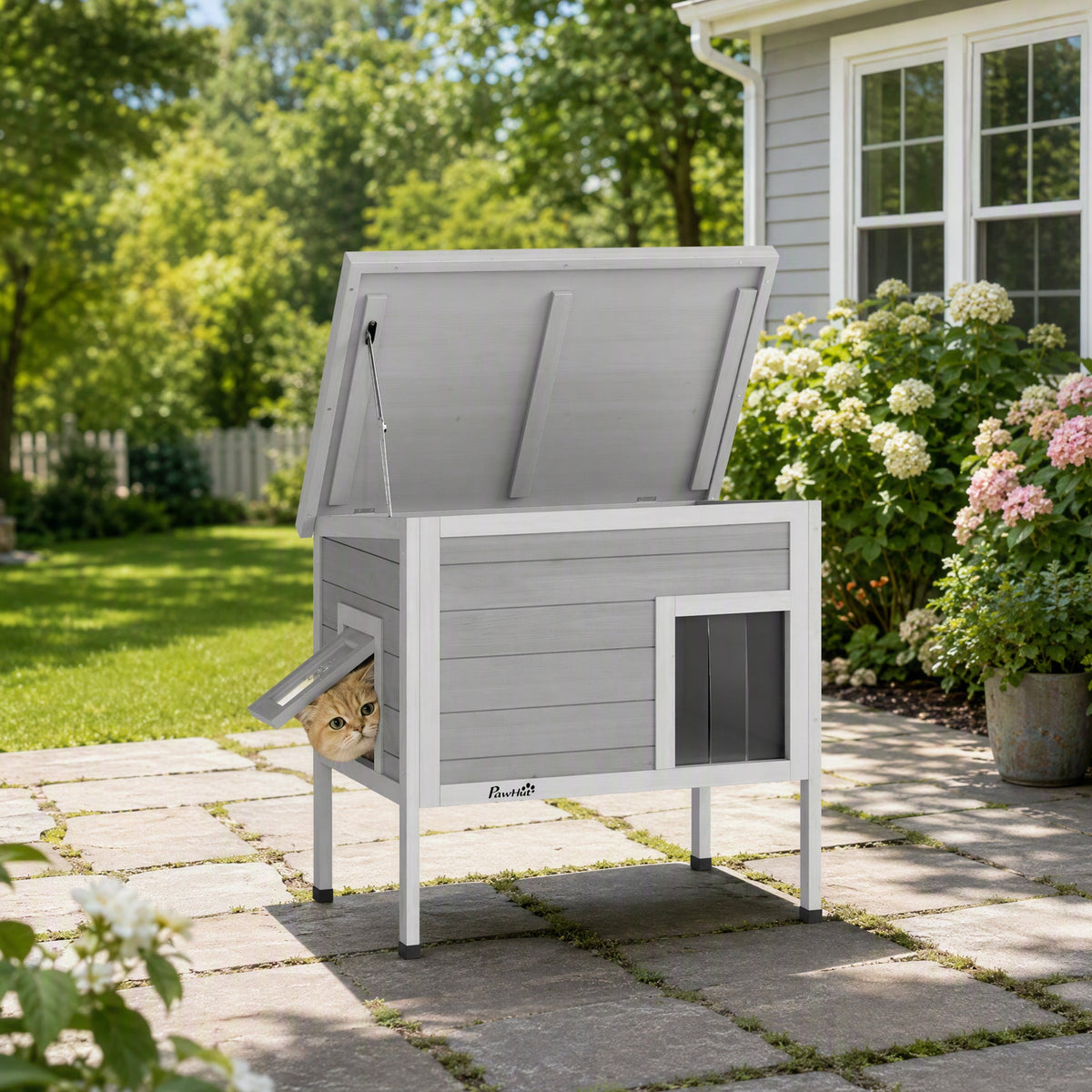 Outdoor Cat House Weatherproof with Removable Insulated Liner, Raised Wooden Cat House, Insulated Cat Shelter, Outdoor Use, Waterproof Asphalt Roof, Escape Door, Opening Top