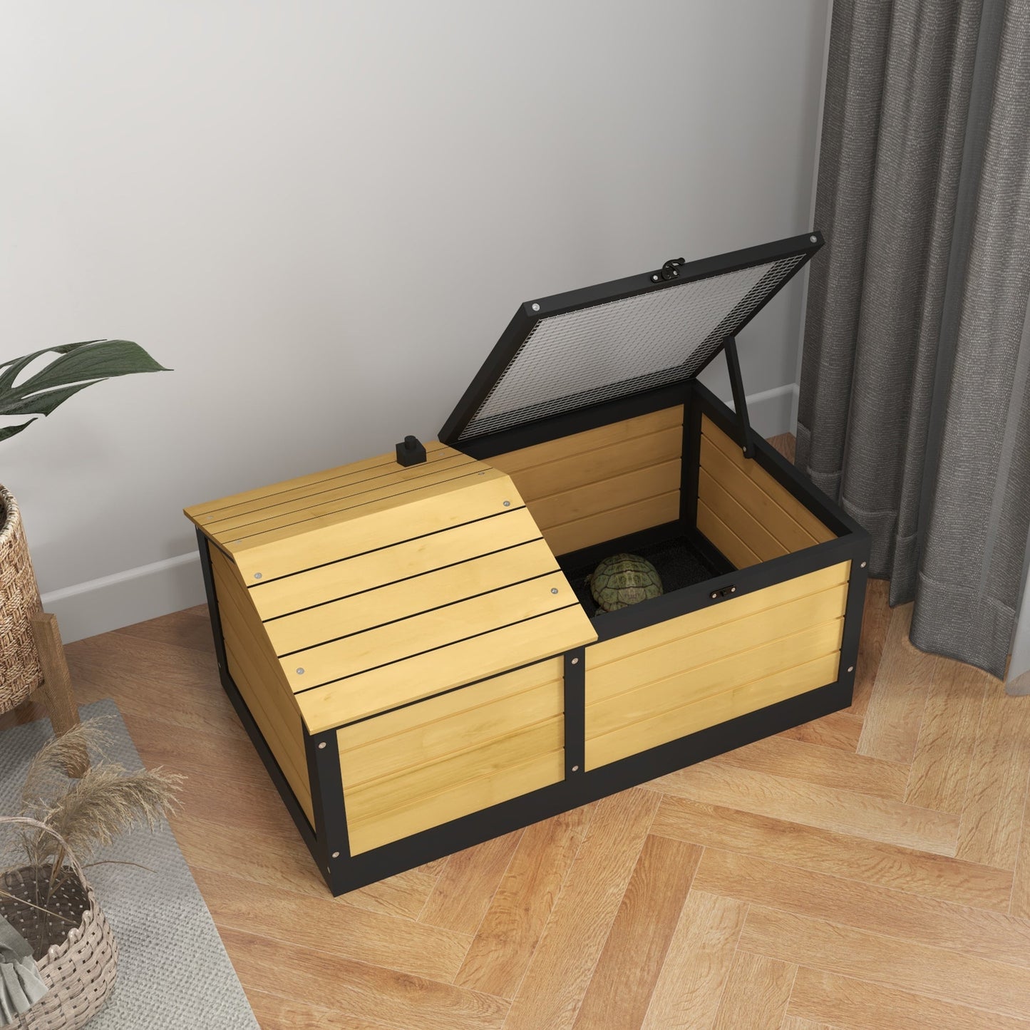 Wooden Tortoise House Tortoise Table with Hide Shelter Run, Openable Top, Tray, Yellow