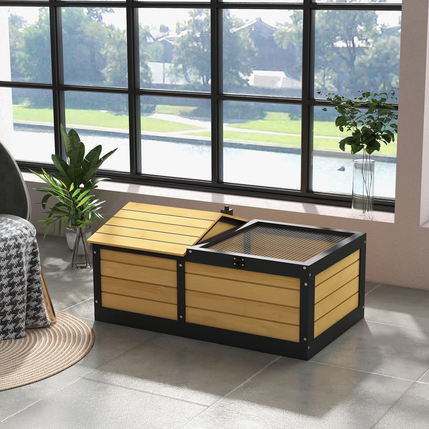 Wooden Tortoise House Tortoise Table with Hide Shelter Run, Openable Top, Tray, Yellow
