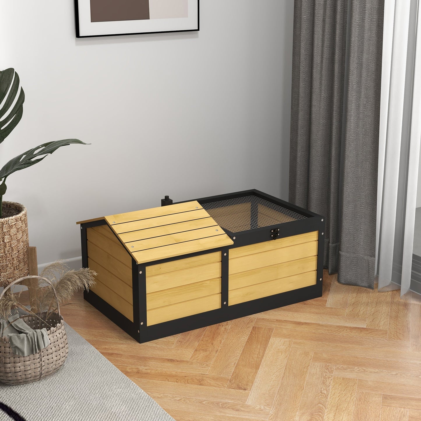 Wooden Tortoise House Tortoise Table with Hide Shelter Run, Openable Top, Tray, Yellow