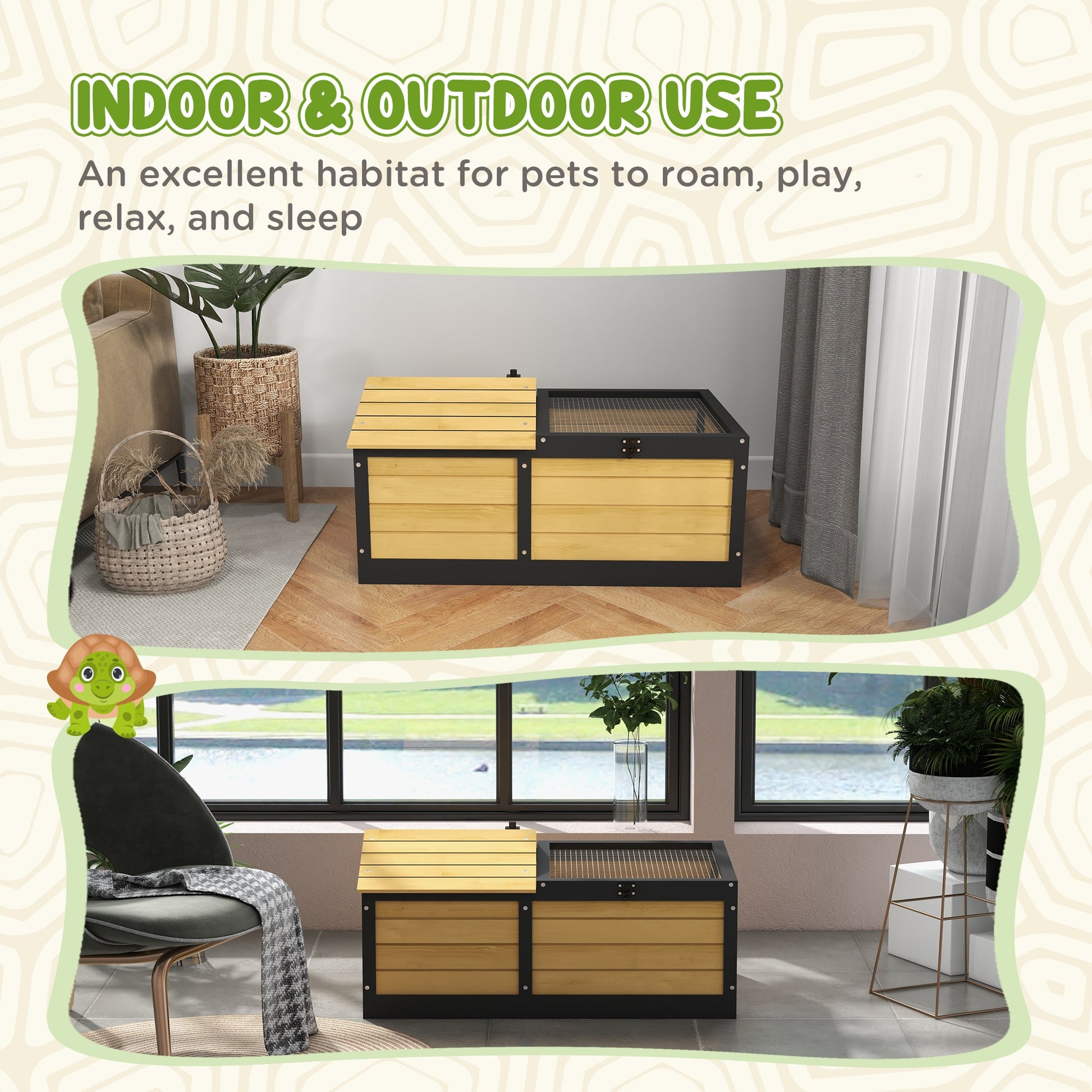 Wooden Tortoise House Tortoise Table with Hide Shelter Run, Openable Top, Tray, Yellow