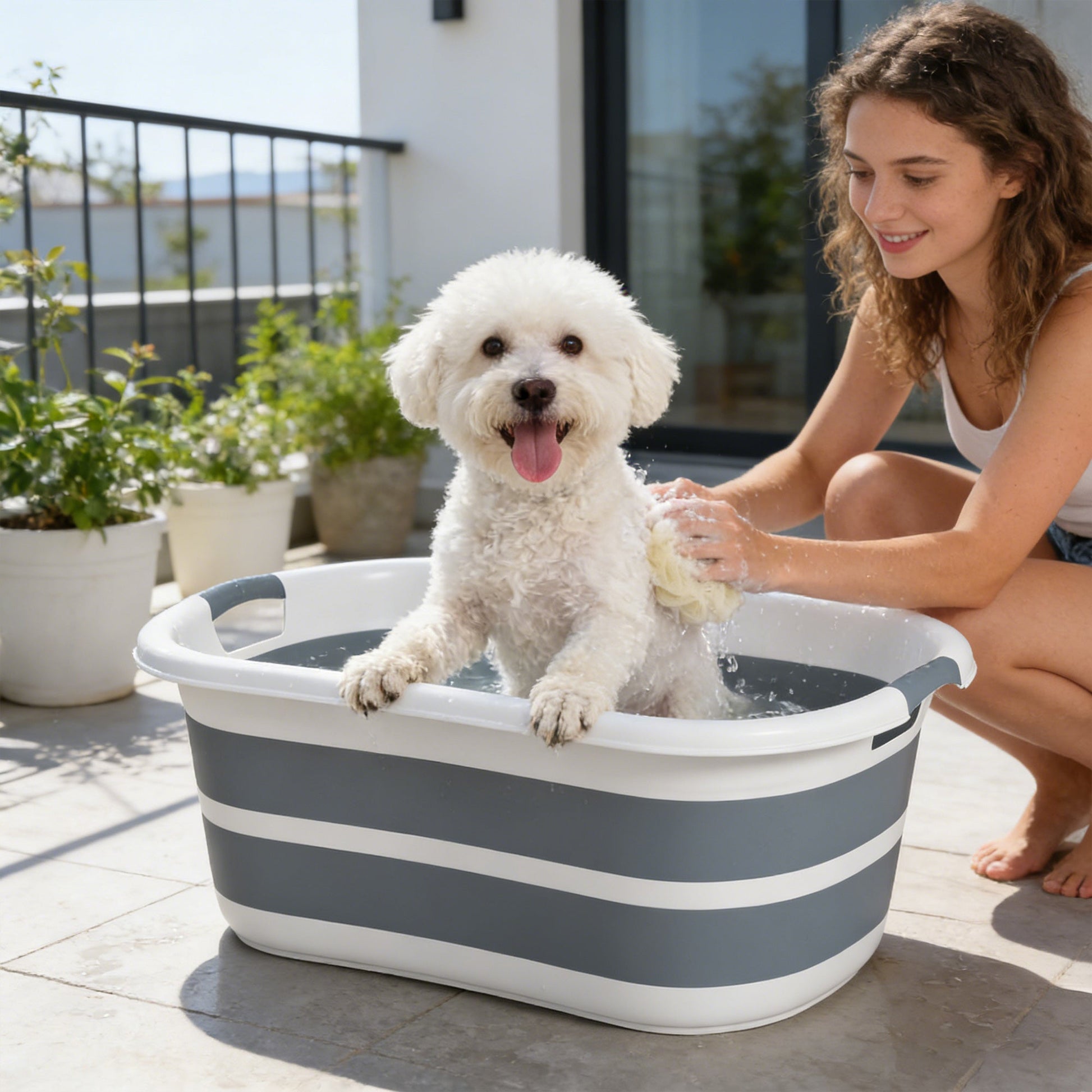 27L Collapsible Dog Bath Tub for Small Dogs & Cats, Portable Pet Bath Tub with Drainage Hole, Space Saving Foldable Puppy Bathtub for Indoor & Outdoor, Grey