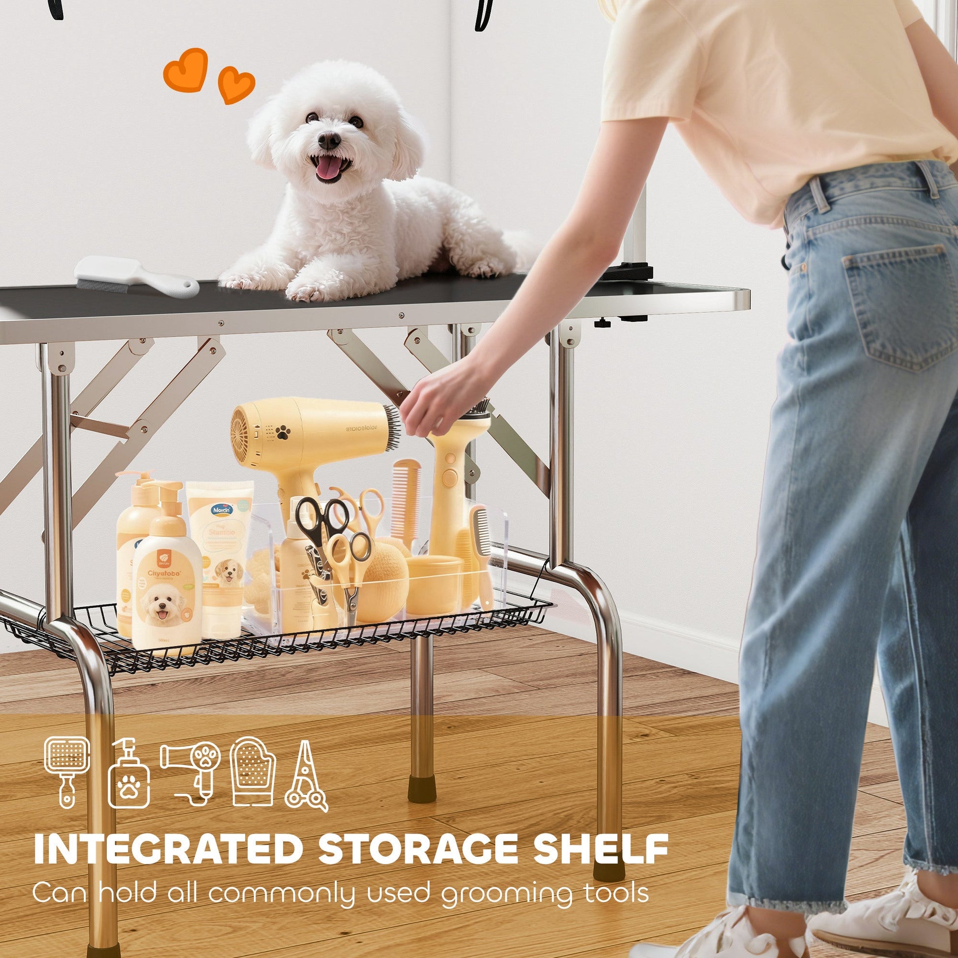 42" Foldable Dog Grooming Table Adjustable Pet Cat Drying Beauty Table Rubber Top with 2 Loops Storage Basket Metal Black
