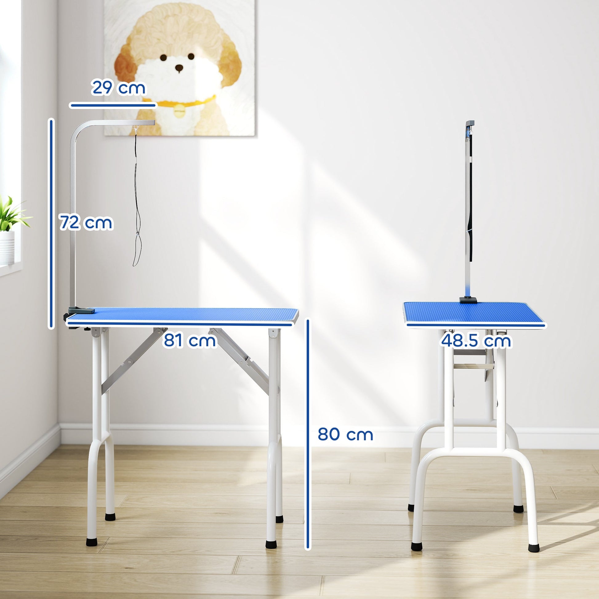Foldable Dog Grooming Table, 32" Portable Pet Grooming Table with Height Adjustable Arm and Anti-Slip Rubber Top for Small Medium Dogs and Cats, Blue