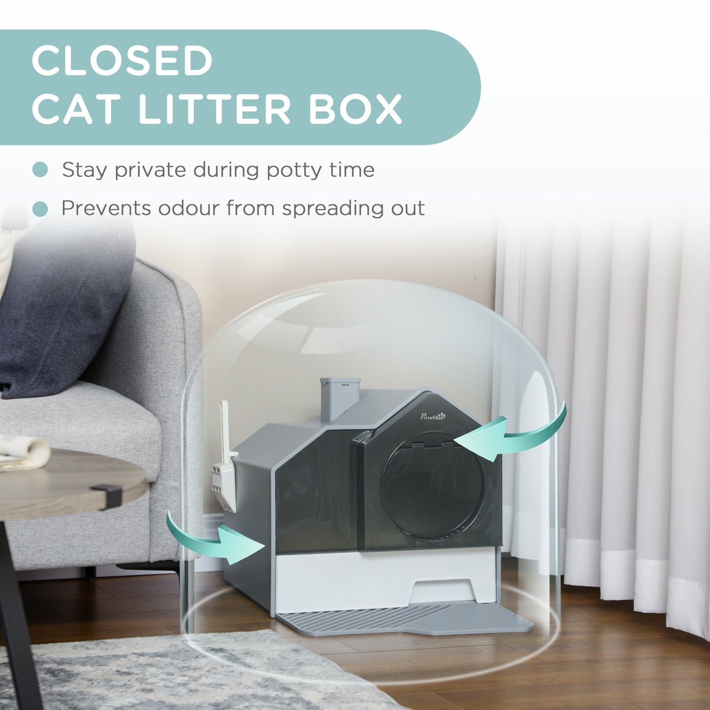 Hooded Cat Litter Tray with Scoop, Cat Litter Box with Drawer Pan, Handle, Deodorants, Hut Design, Front Entrance, 47 x 45 x 42cm - Grey