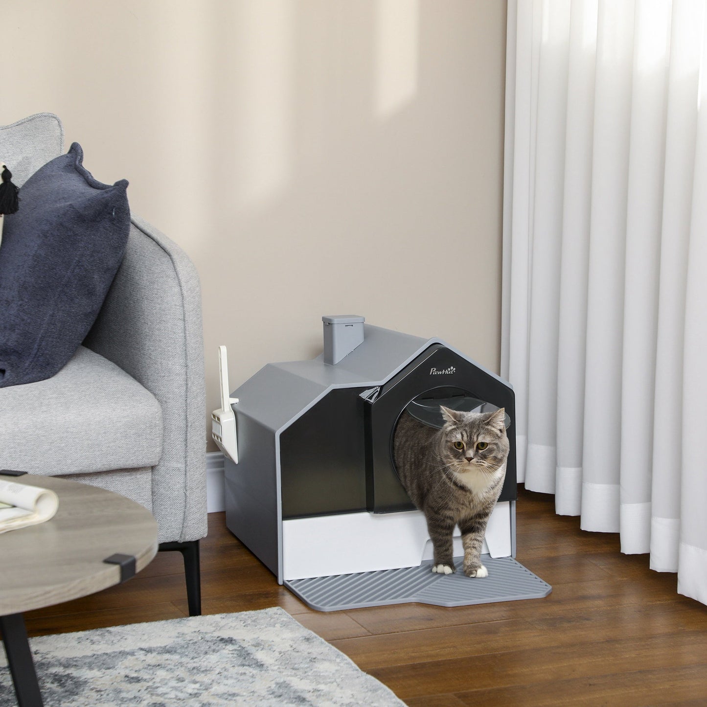 Hooded Cat Litter Tray with Scoop, Cat Litter Box with Drawer Pan, Handle, Deodorants, Hut Design, Front Entrance, 47 x 45 x 42cm - Grey