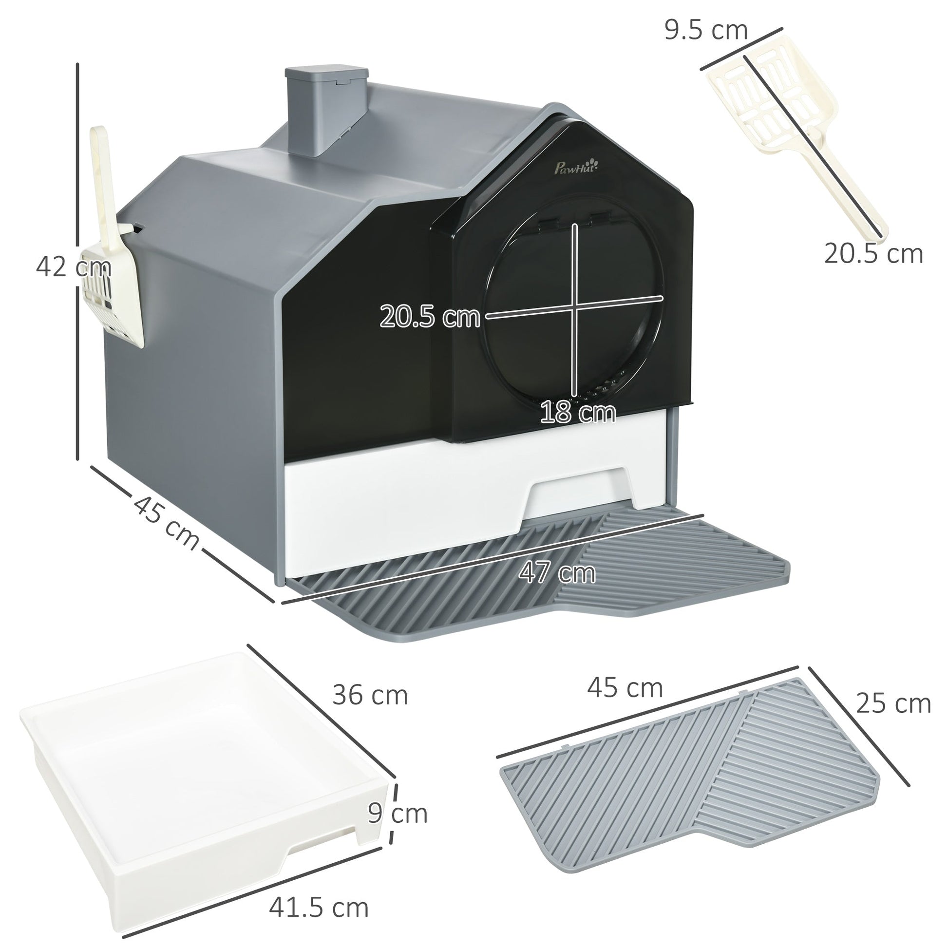 Hooded Cat Litter Tray with Scoop, Cat Litter Box with Drawer Pan, Handle, Deodorants, Hut Design, Front Entrance, 47 x 45 x 42cm - Grey