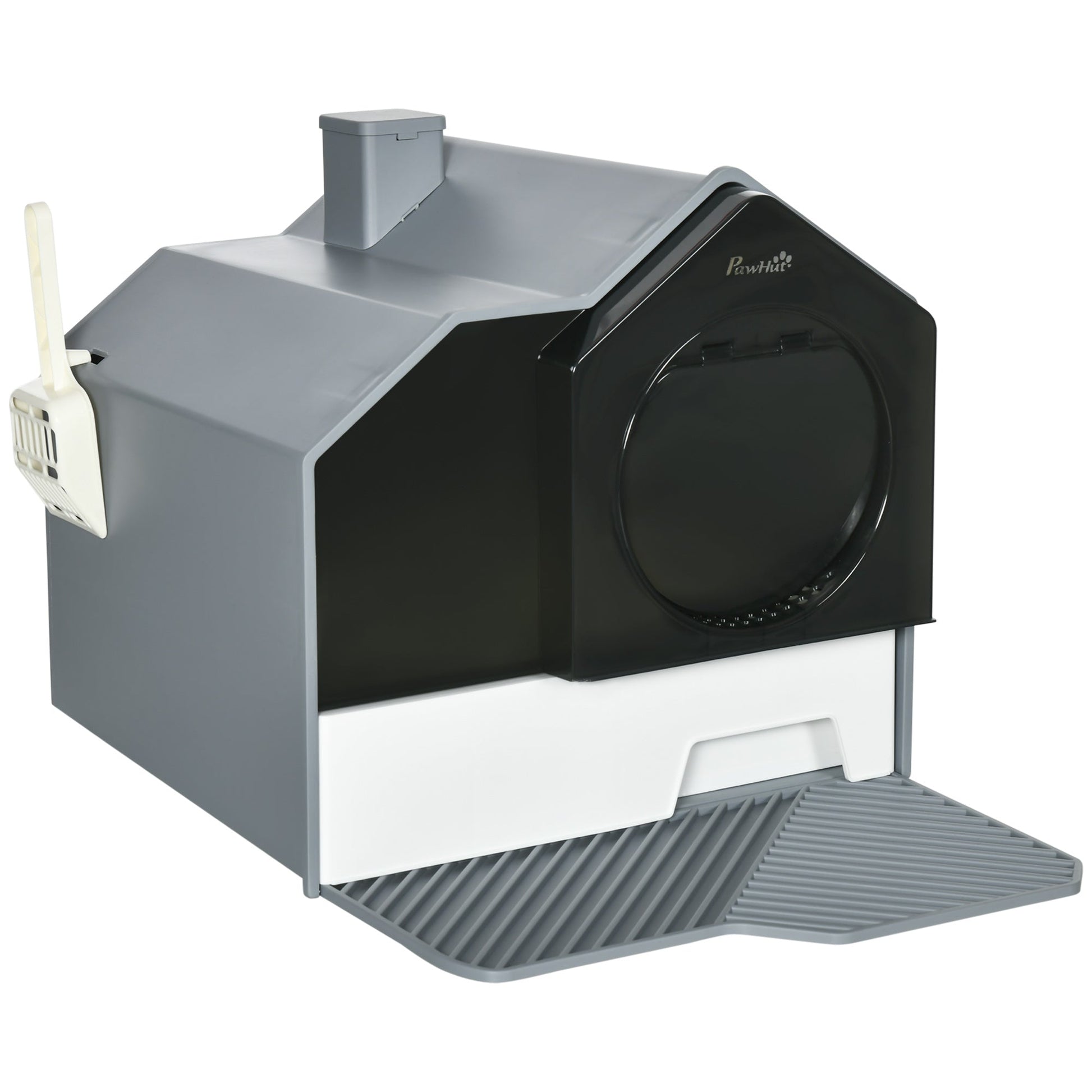 Hooded Cat Litter Tray with Scoop, Cat Litter Box with Drawer Pan, Handle, Deodorants, Hut Design, Front Entrance, 47 x 45 x 42cm - Grey