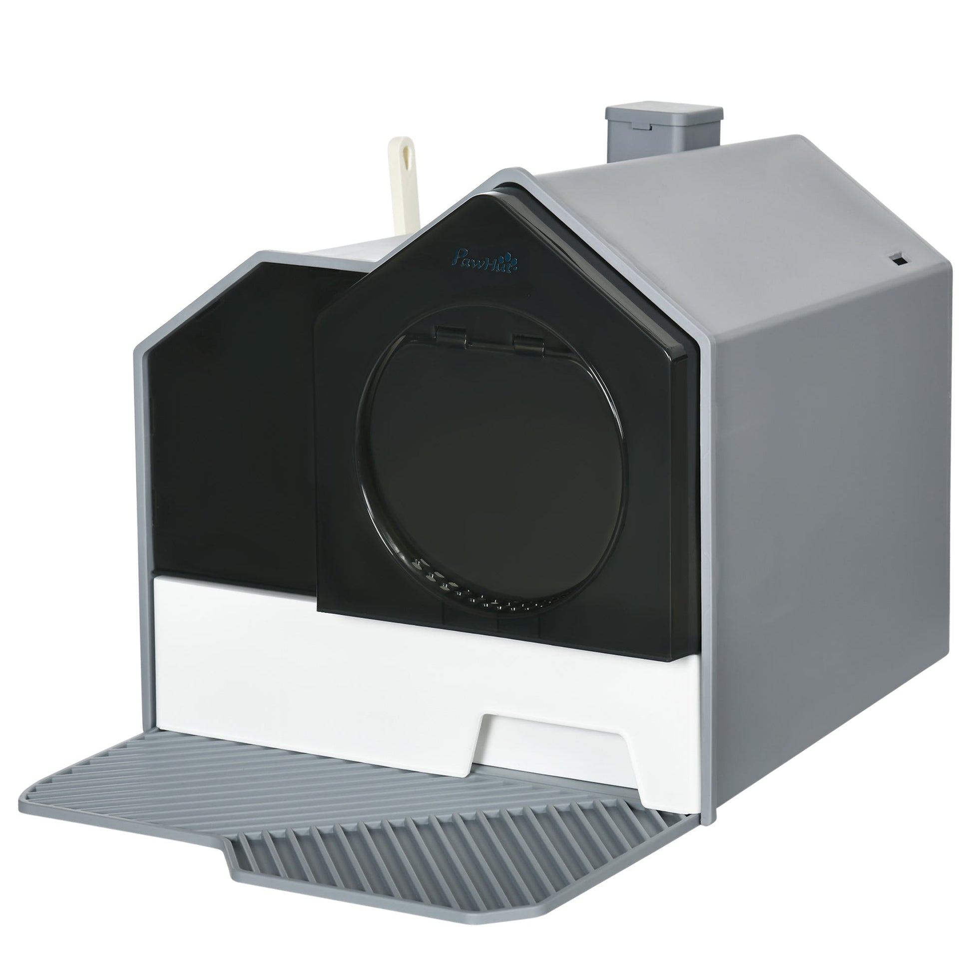 Hooded Cat Litter Tray with Scoop, Cat Litter Box with Drawer Pan, Handle, Deodorants, Hut Design, Front Entrance, 47 x 45 x 42cm - Grey