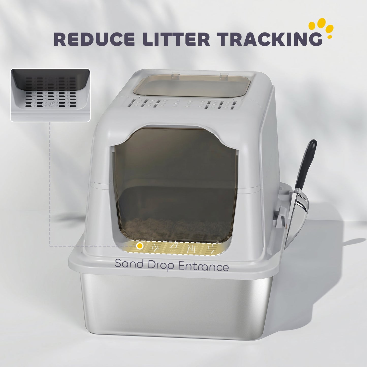 Stainless Steel Litter Box with Lid, Extra Large Hooded Cat Litter Tray for Big Cats with Front-Entry and Top-Exit, Metal Scoop, Deodorizer Bag, Non-Sticky, Odour Control and Easy Clean