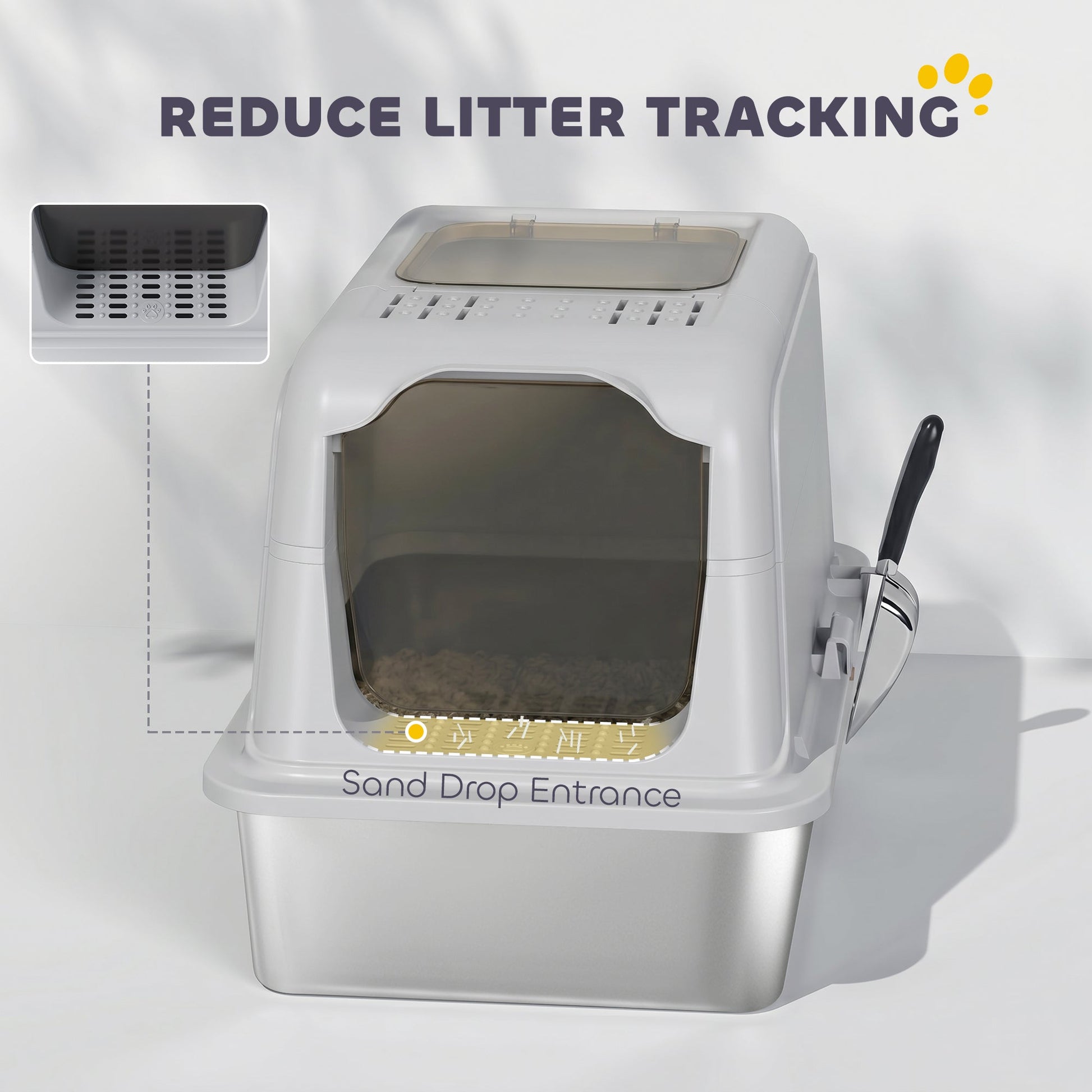 Stainless Steel Litter Box with Lid, Extra Large Hooded Cat Litter Tray for Big Cats with Front-Entry and Top-Exit, Metal Scoop, Deodorizer Bag, Non-Sticky, Odour Control and Easy Clean